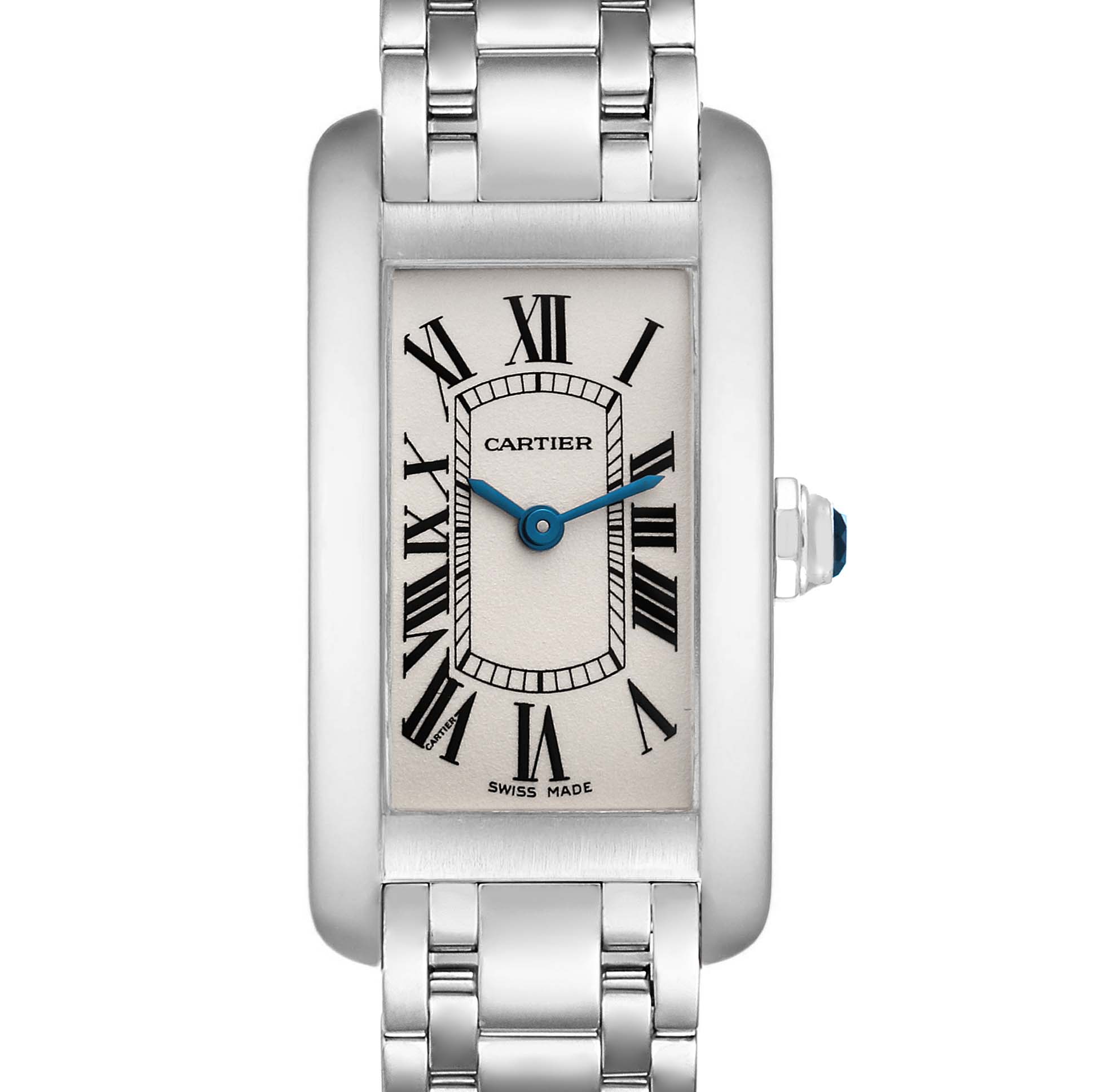This image shows a front view of the Cartier Tank Americaine W26019L1 Women's White Gold Silver Dial W26019L1 Women's White Gold Silver Dial watch, highlighting the dial, Roman numerals, and part of the bracelet.