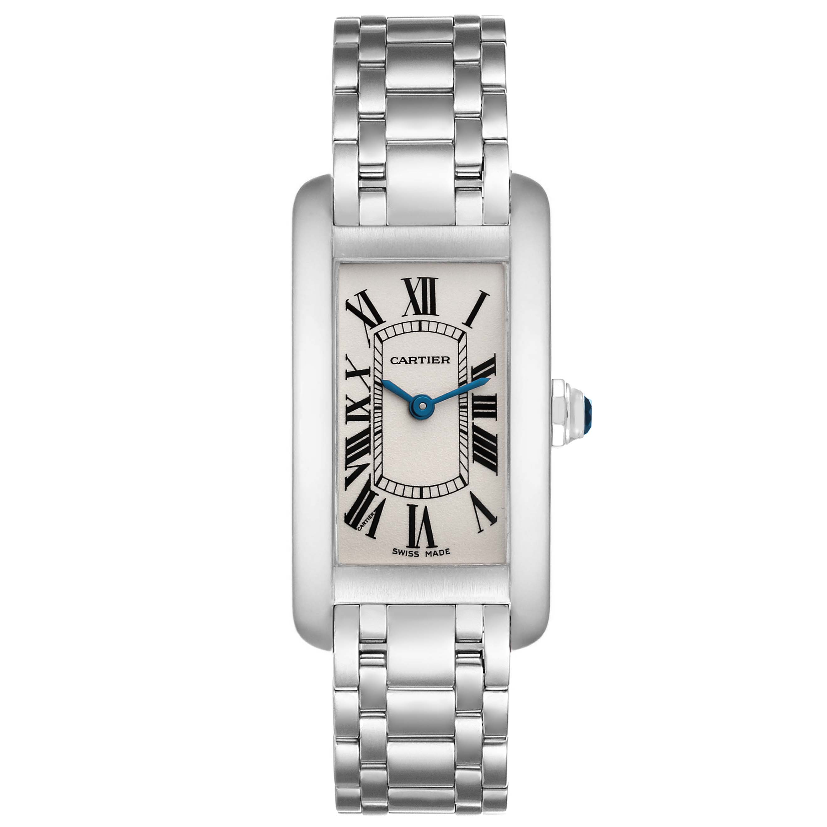 The image shows a front view of a Cartier Tank Américaine watch, highlighting its rectangular face, Roman numerals, and metal bracelet.