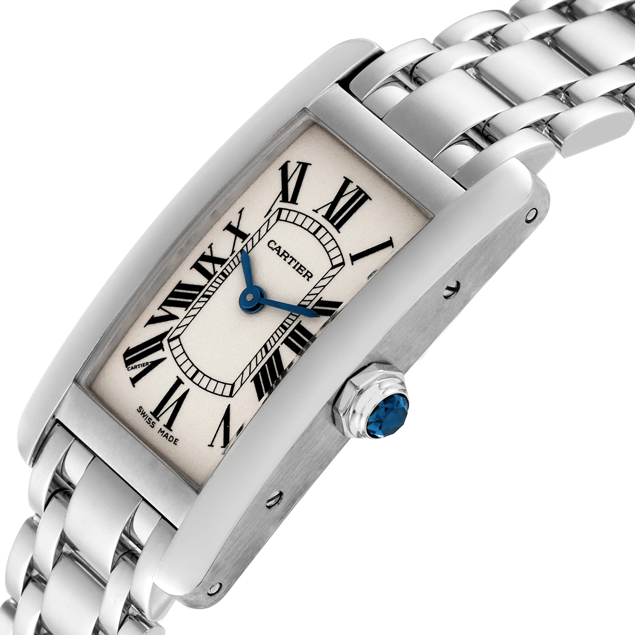 The image shows a Cartier Tank Americaine W26019L1 Women's White Gold Silver Dial W26019L1 Women's White Gold Silver Dial watch at a slight diagonal angle, highlighting its face, crown, and part of the bracelet.