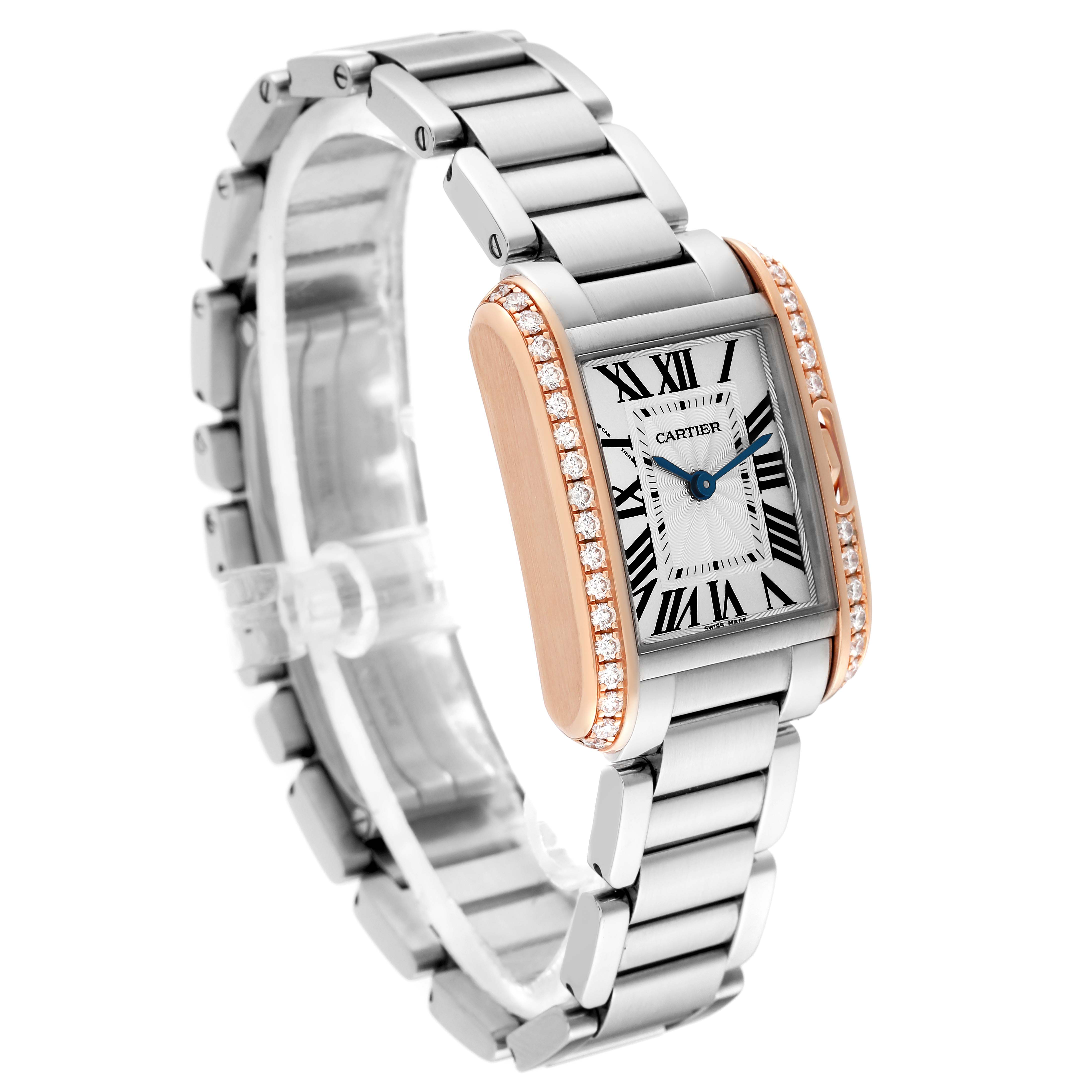 The Cartier Tank Anglaise W3TA0002 Women's Steel and Gold (two tone) Silver Dial W3TA0002 Women's Steel and Gold (two tone) Silver Dial watch is shown at a three-quarter angle, displaying the face, band, and side profile with diamond accents.