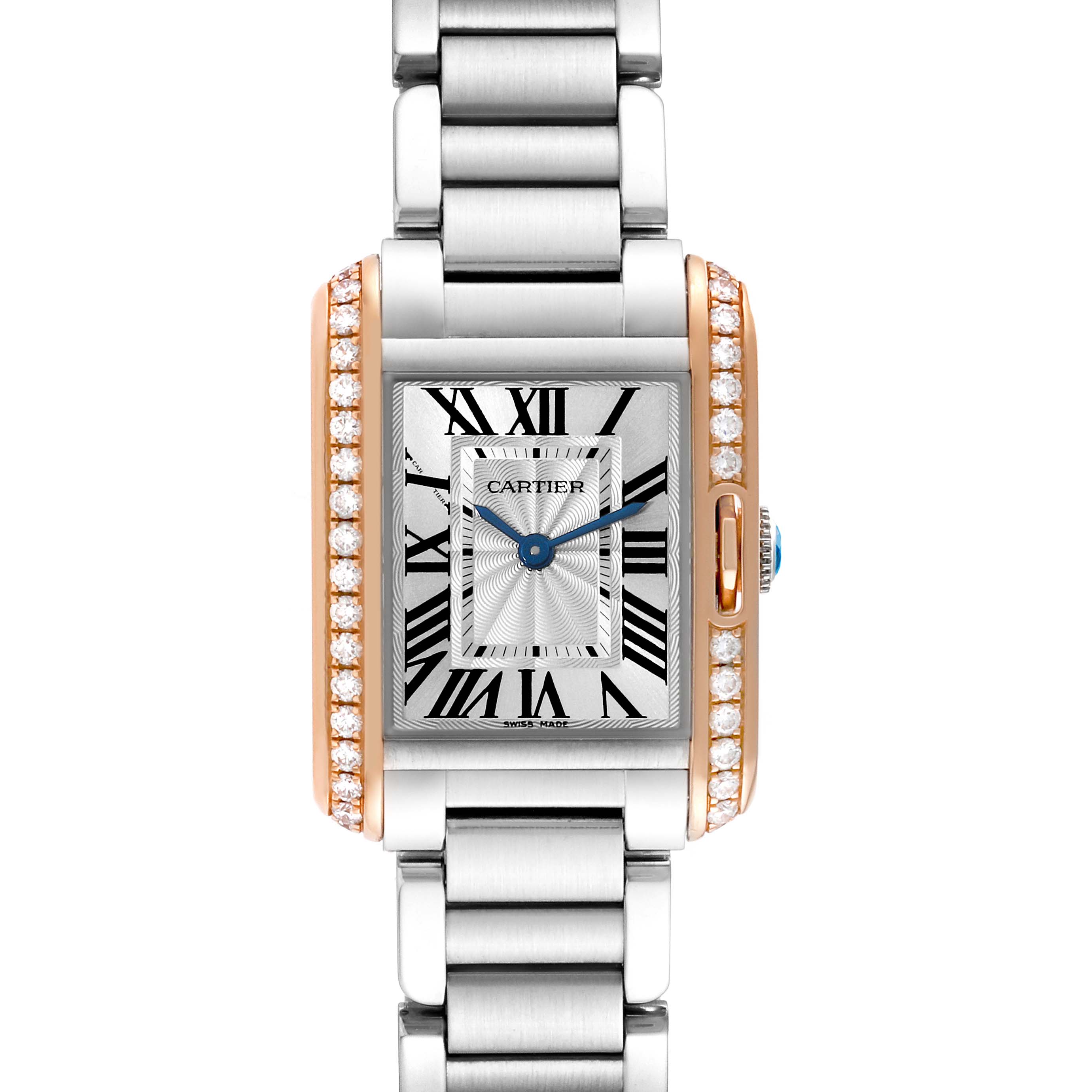 This image shows a front view of a Cartier Tank Anglaise W3TA0002 Women's Steel and Gold (two tone) Silver Dial W3TA0002 Women's Steel and Gold (two tone) Silver Dial watch, highlighting its rectangular face, Roman numerals, metal bracelet, and diamond-set case.
