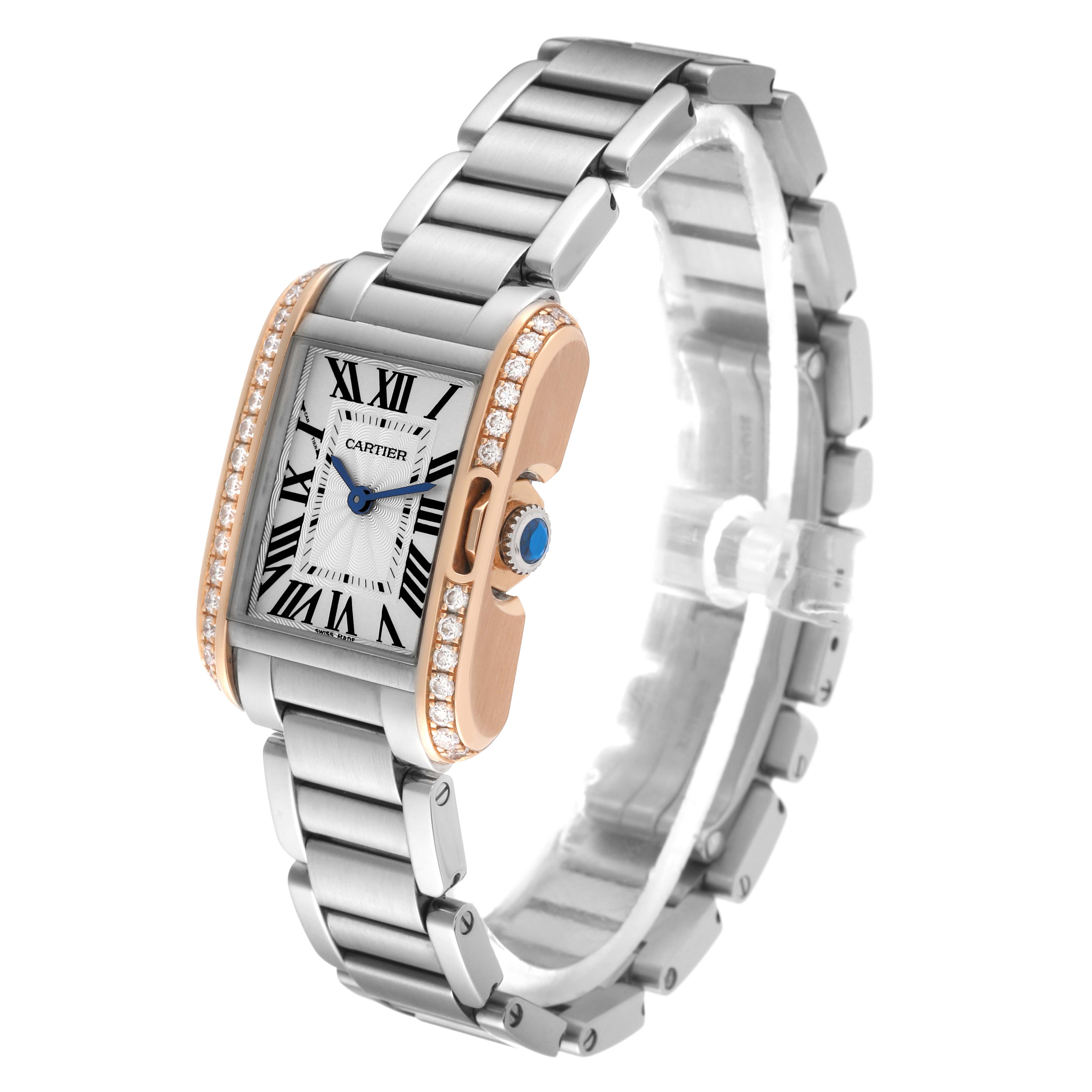 The Cartier Tank Anglaise W3TA0002 Women's Steel and Gold (two tone) Silver Dial W3TA0002 Women's Steel and Gold (two tone) Silver Dial watch is shown at a slight angle, highlighting its face, bracelet, and diamond-encrusted bezel.