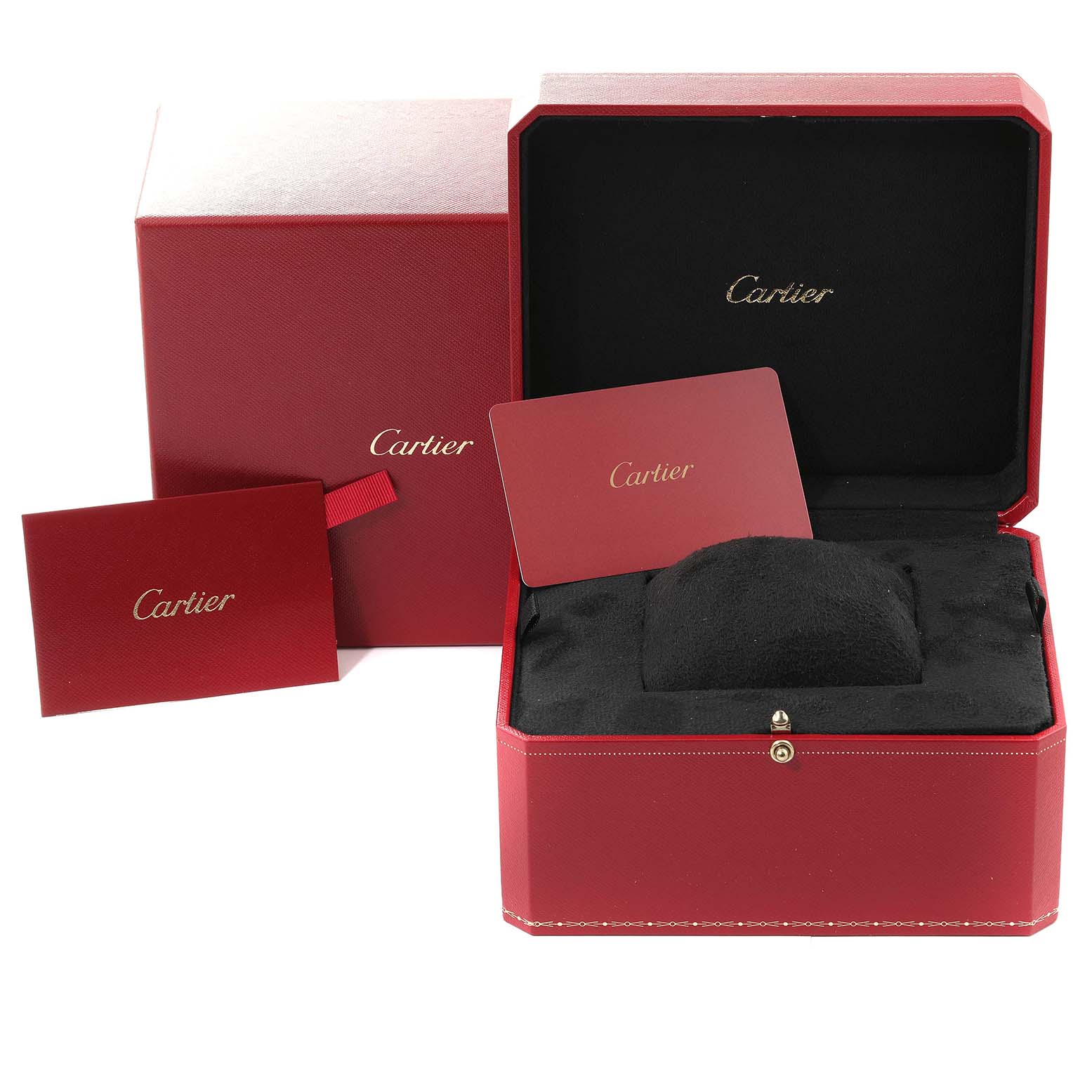 This image shows the packaging and accessories for a Cartier Tank Anglaise W3TA0002 Women's Steel and Gold (two tone) Silver Dial W3TA0002 Women's Steel and Gold (two tone) Silver Dial model watch, including the red box and warranty card.