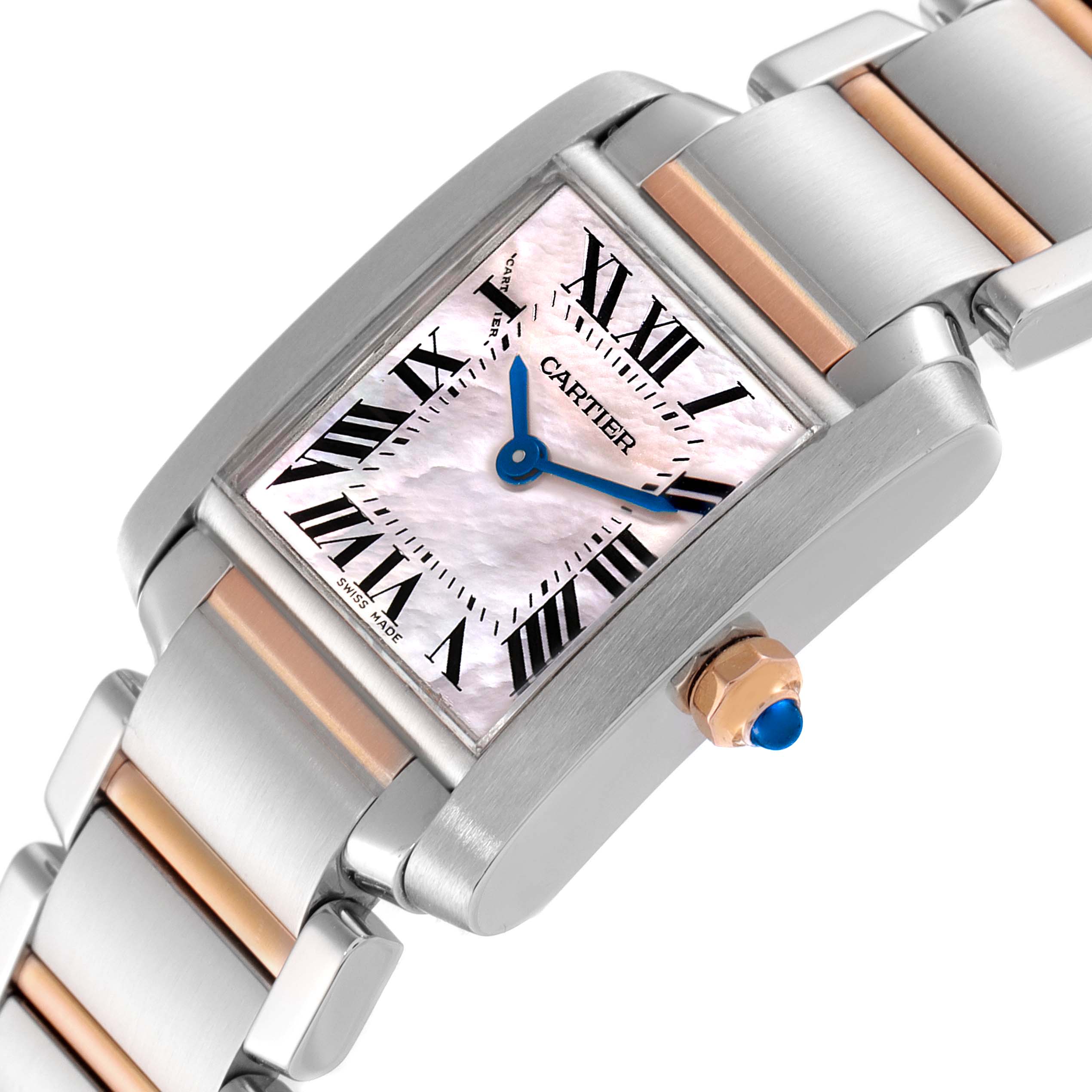 This Cartier Tank Francaise W51027Q4 Women's Steel and Gold (two tone) Mother of Pearl Dial W51027Q4 Women's Steel and Gold (two tone) Mother of Pearl Dial watch is shown from an angled close-up, highlighting the face, bracelet, and crown.