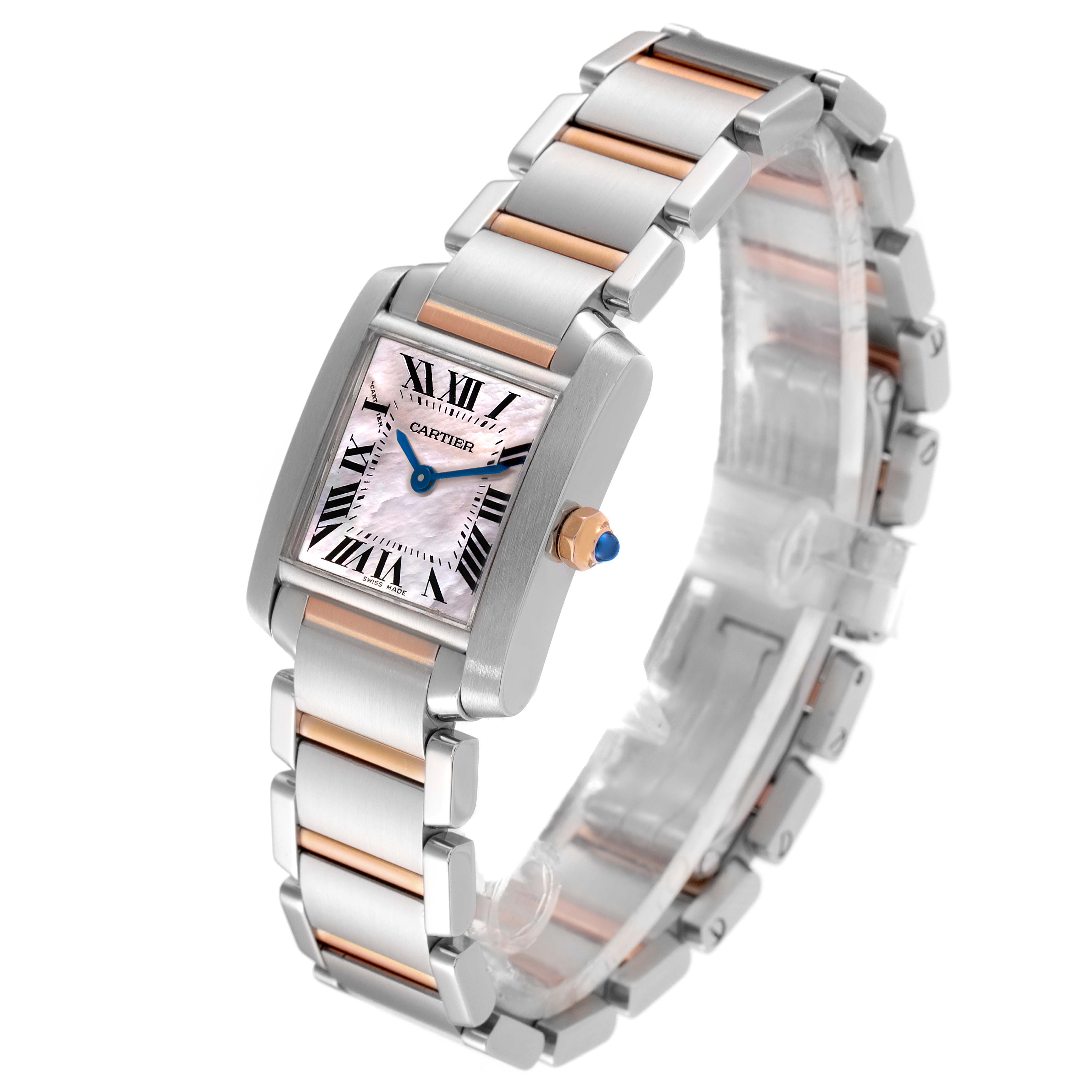 The Cartier Tank Française watch is shown at an angled view, displaying the rectangular face, Roman numeral dial, and two-tone bracelet.