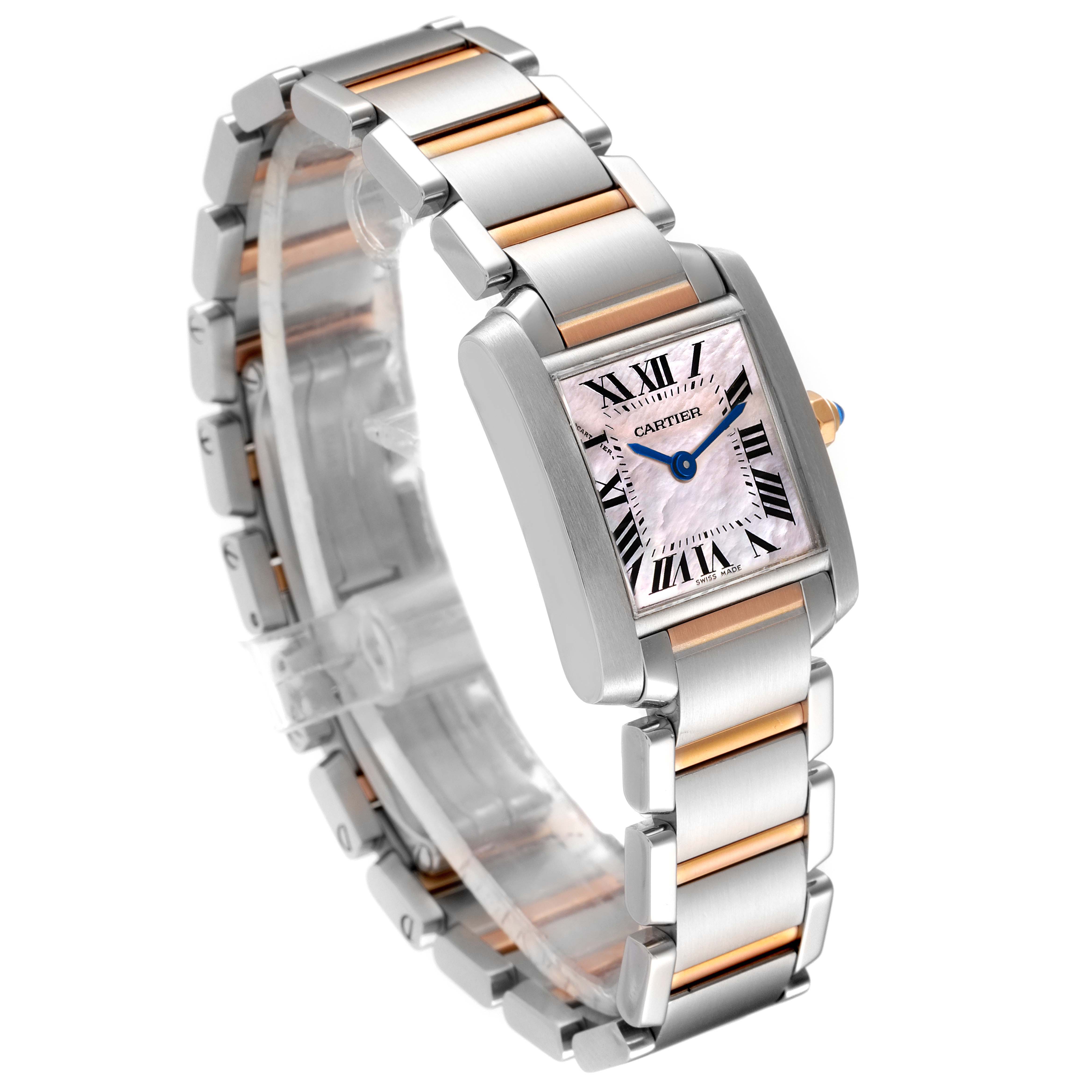 The Cartier Tank Francaise W51027Q4 Women's Steel and Gold (two tone) Mother of Pearl Dial W51027Q4 Women's Steel and Gold (two tone) Mother of Pearl Dial watch is shown at an angled front view, highlighting the face, bracelet, and crown.