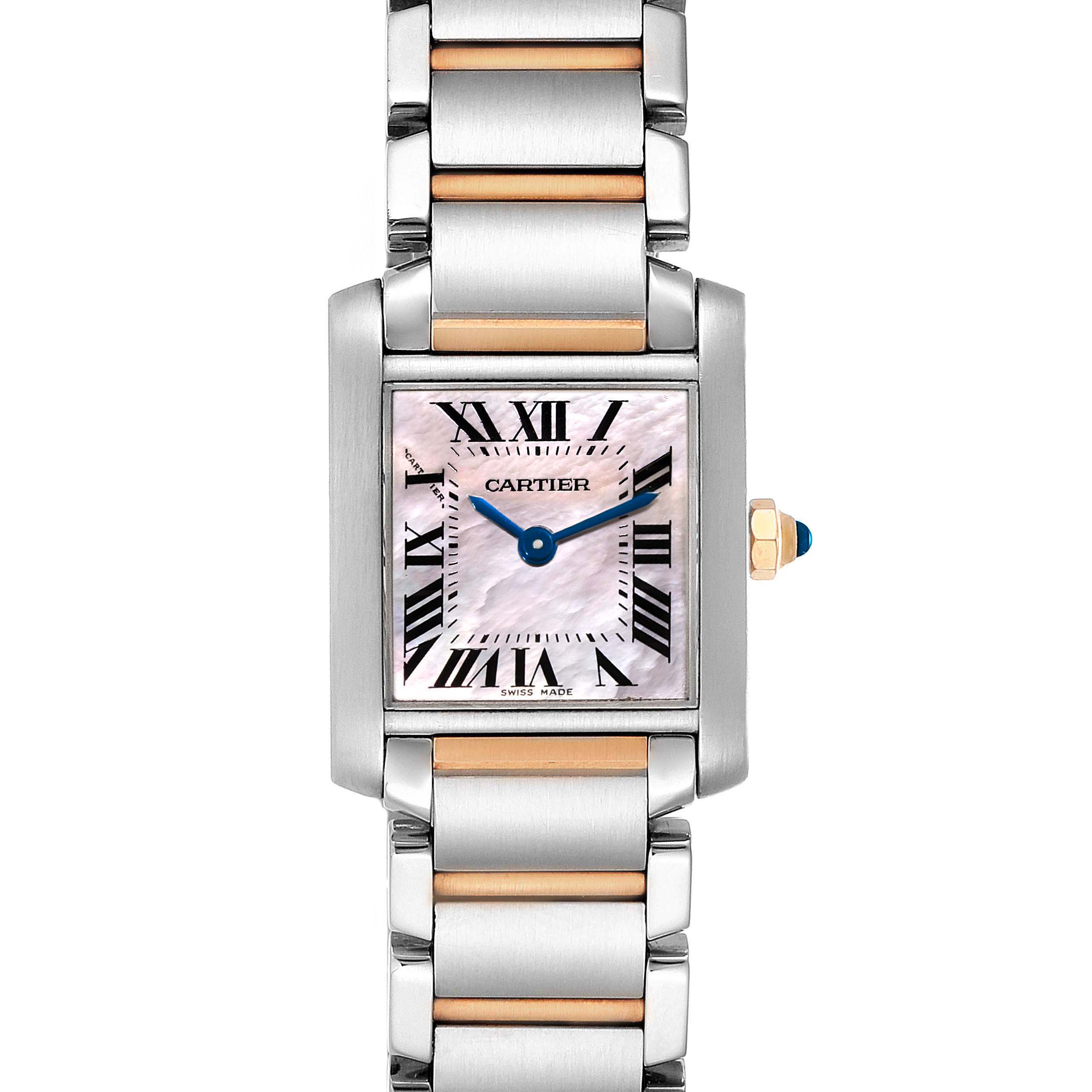 The image shows a Cartier Tank Française watch from a front angle, highlighting its rectangular face and metal bracelet with gold accents.