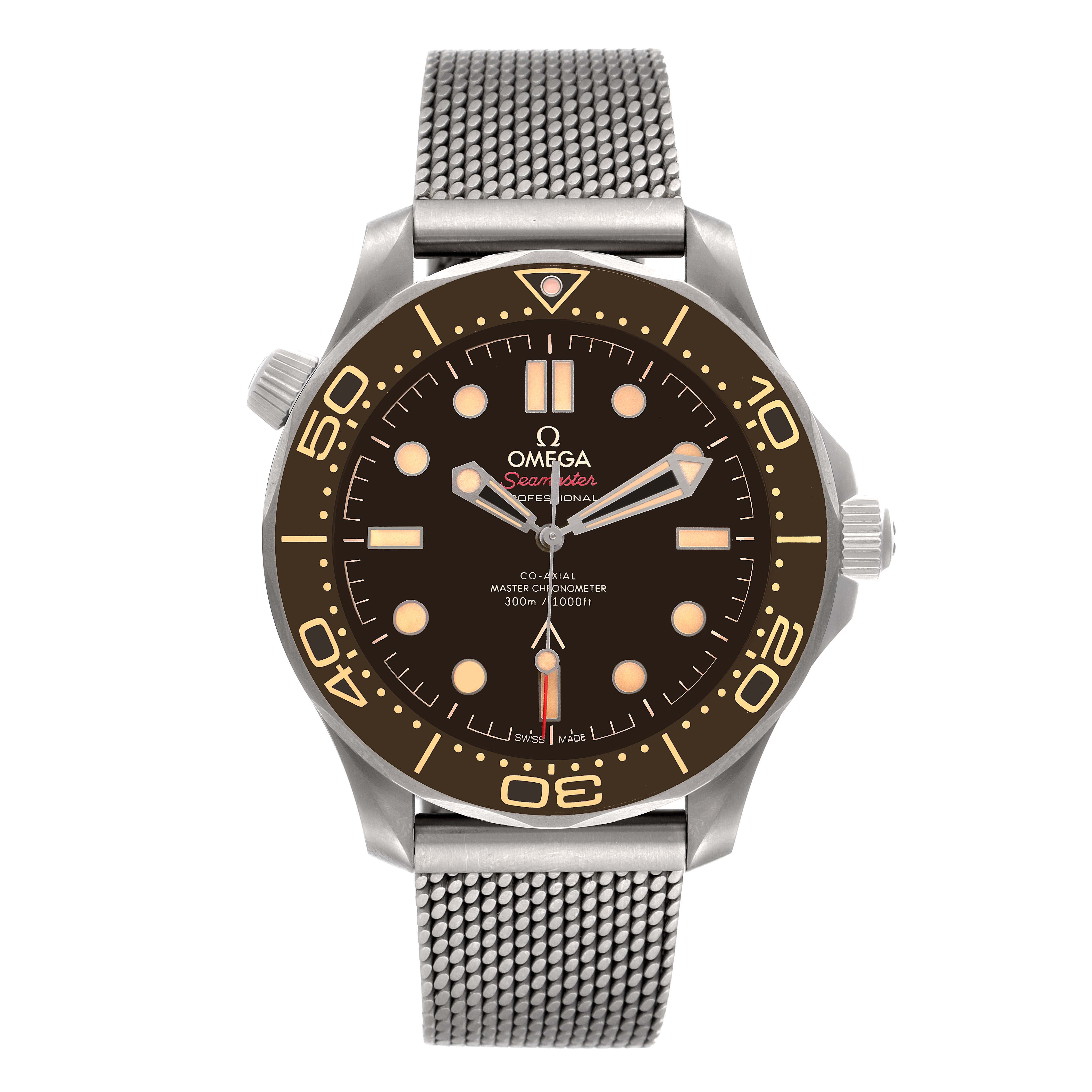 The image shows a frontal view of the Omega Seamaster 210.90.42.20.01.001 Men's Titanium Brown Dial 210.90.42.20.01.001 Men's Titanium Brown Dial watch, displaying the dial, bezel, and mesh bracelet.