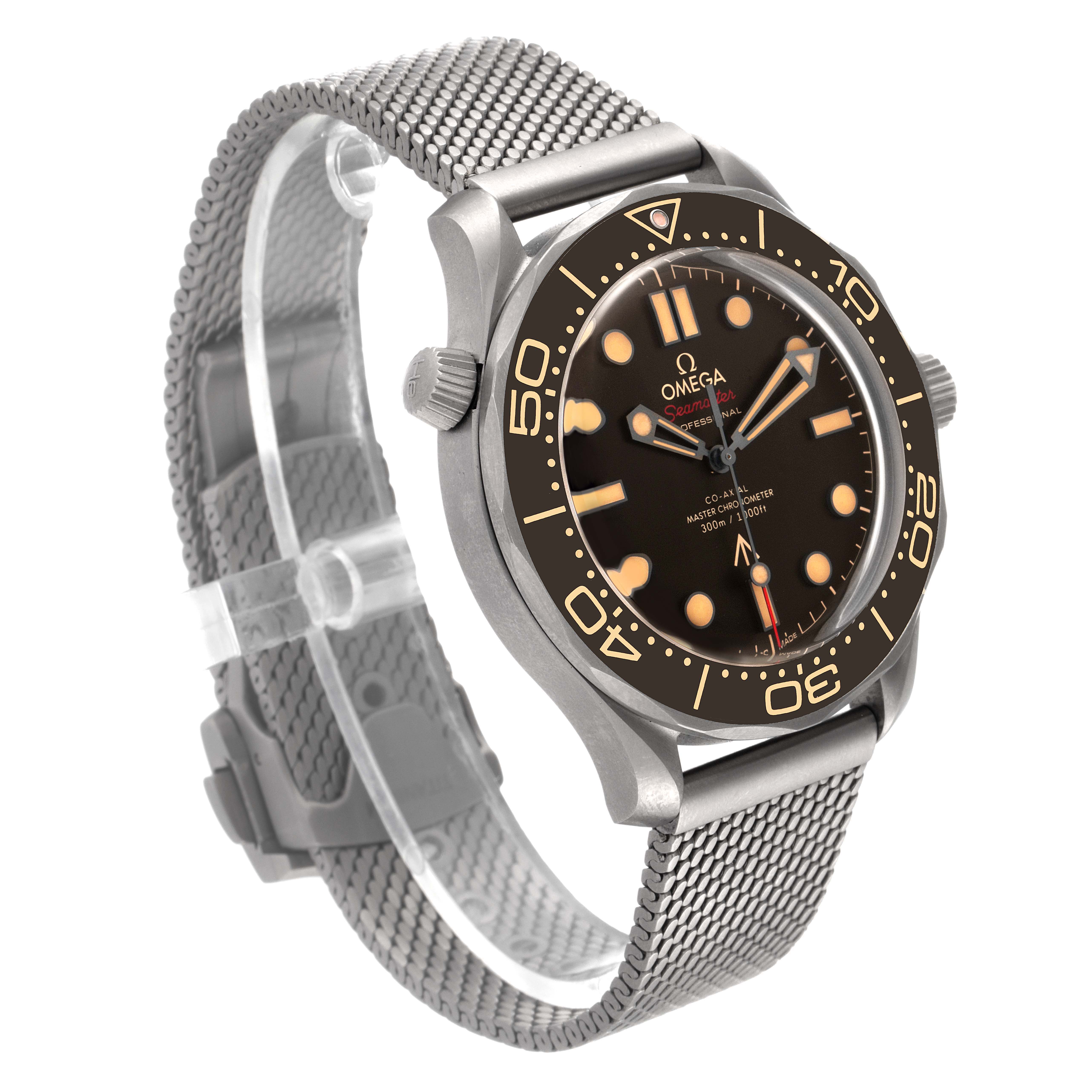 The Omega Seamaster 210.90.42.20.01.001 Men's Titanium Brown Dial 210.90.42.20.01.001 Men's Titanium Brown Dial watch is shown at a three-quarter angle, highlighting the dial, bezel, crown, and mesh bracelet.