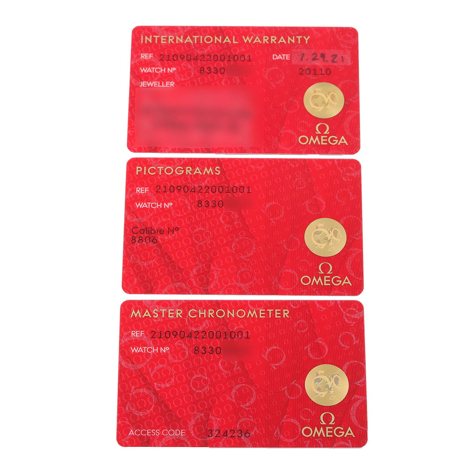 The image shows three Omega Seamaster 210.90.42.20.01.001 Men's Titanium Brown Dial 210.90.42.20.01.001 Men's Titanium Brown Dial warranty and authentication cards, including International Warranty, Pictograms, and Master Chronometer.