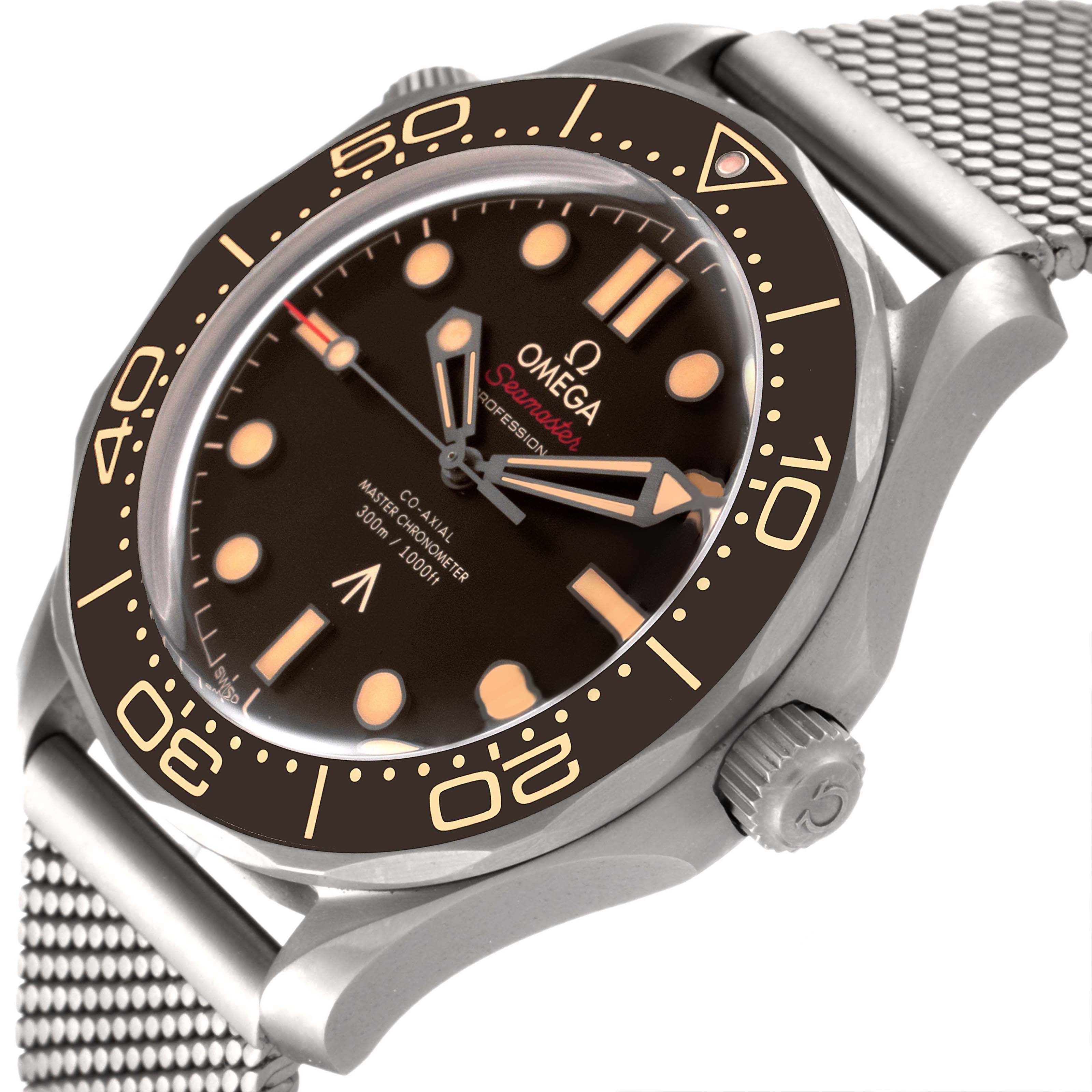 The image shows an angled view of the Omega Seamaster 210.90.42.20.01.001 Men's Titanium Brown Dial 210.90.42.20.01.001 Men's Titanium Brown Dial watch, highlighting the face, bezel, crown, and part of the metal mesh strap.