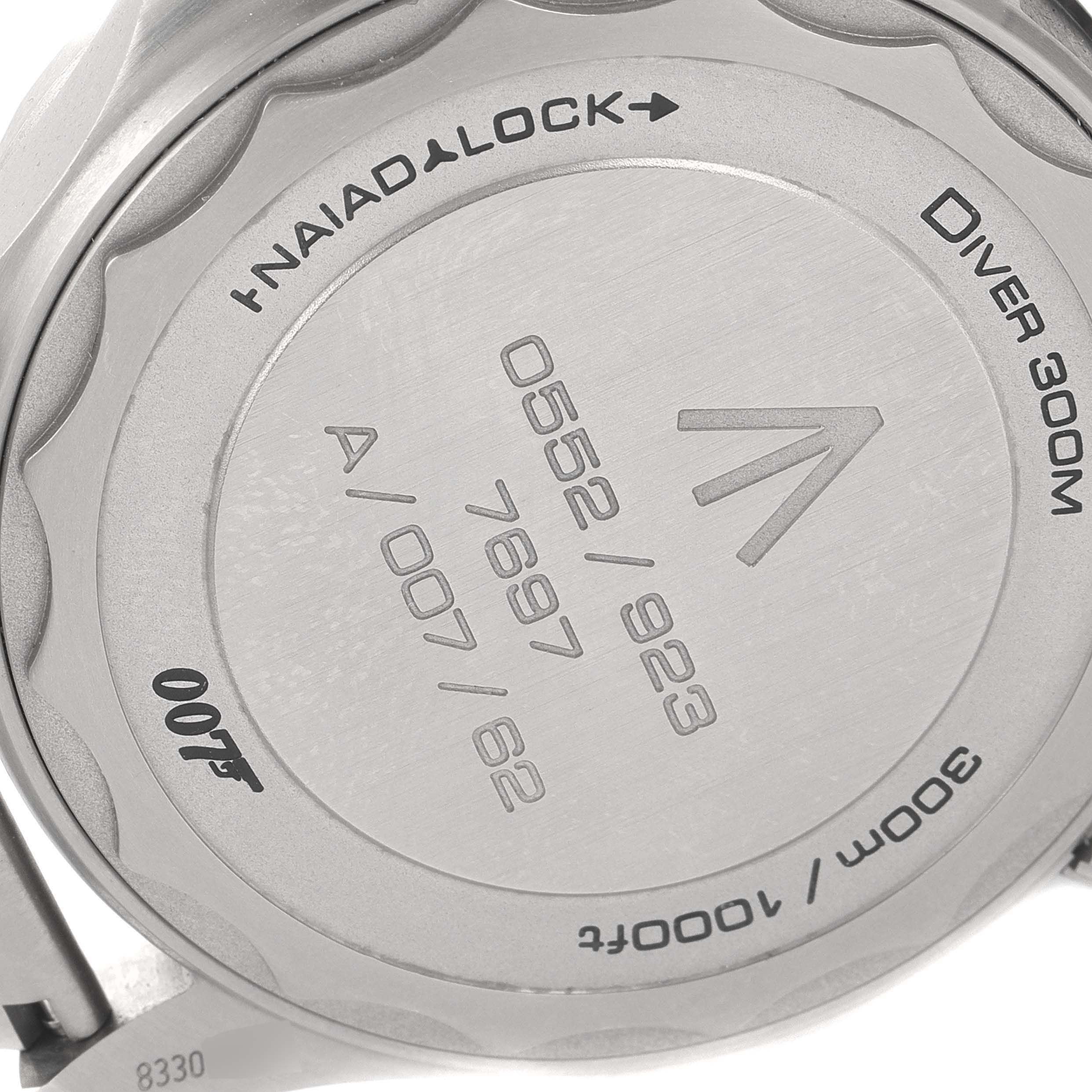 The image shows the case back of an Omega Seamaster 210.90.42.20.01.001 Men's Titanium Brown Dial 210.90.42.20.01.001 Men's Titanium Brown Dial Diver 300M, featuring the "NAIAD LOCK" and diver specifications.