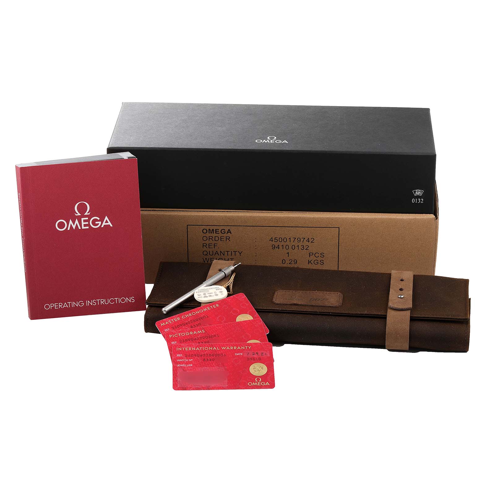 The image shows Omega Seamaster 210.90.42.20.01.001 Men's Titanium Brown Dial 210.90.42.20.01.001 Men's Titanium Brown Dial accessories including an operating manual, warranty cards, a pen, and packaging materials.