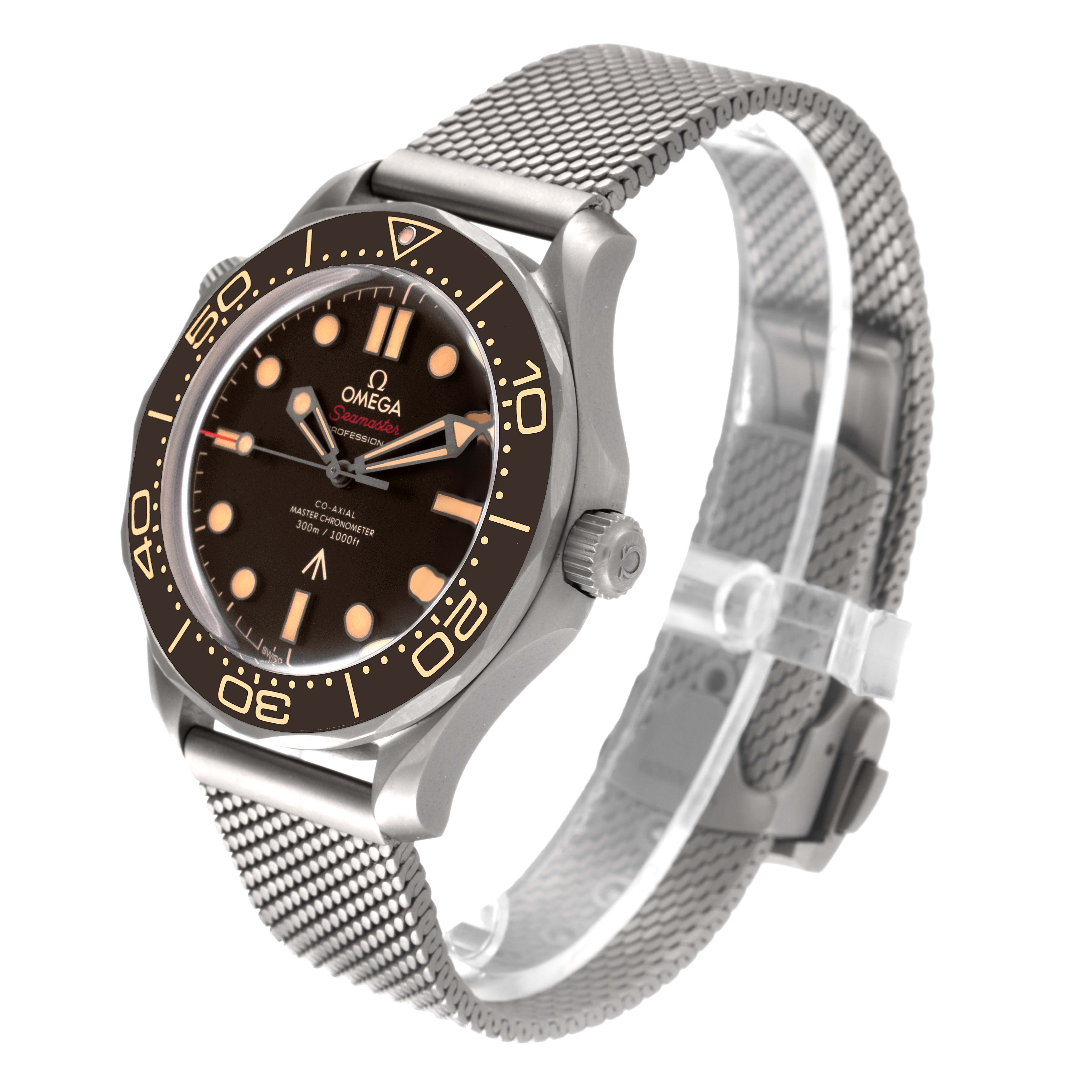 The Omega Seamaster 210.90.42.20.01.001 Men's Titanium Brown Dial 210.90.42.20.01.001 Men's Titanium Brown Dial watch is shown at a three-quarter angle, displaying its face, bezel, crown, and mesh band.