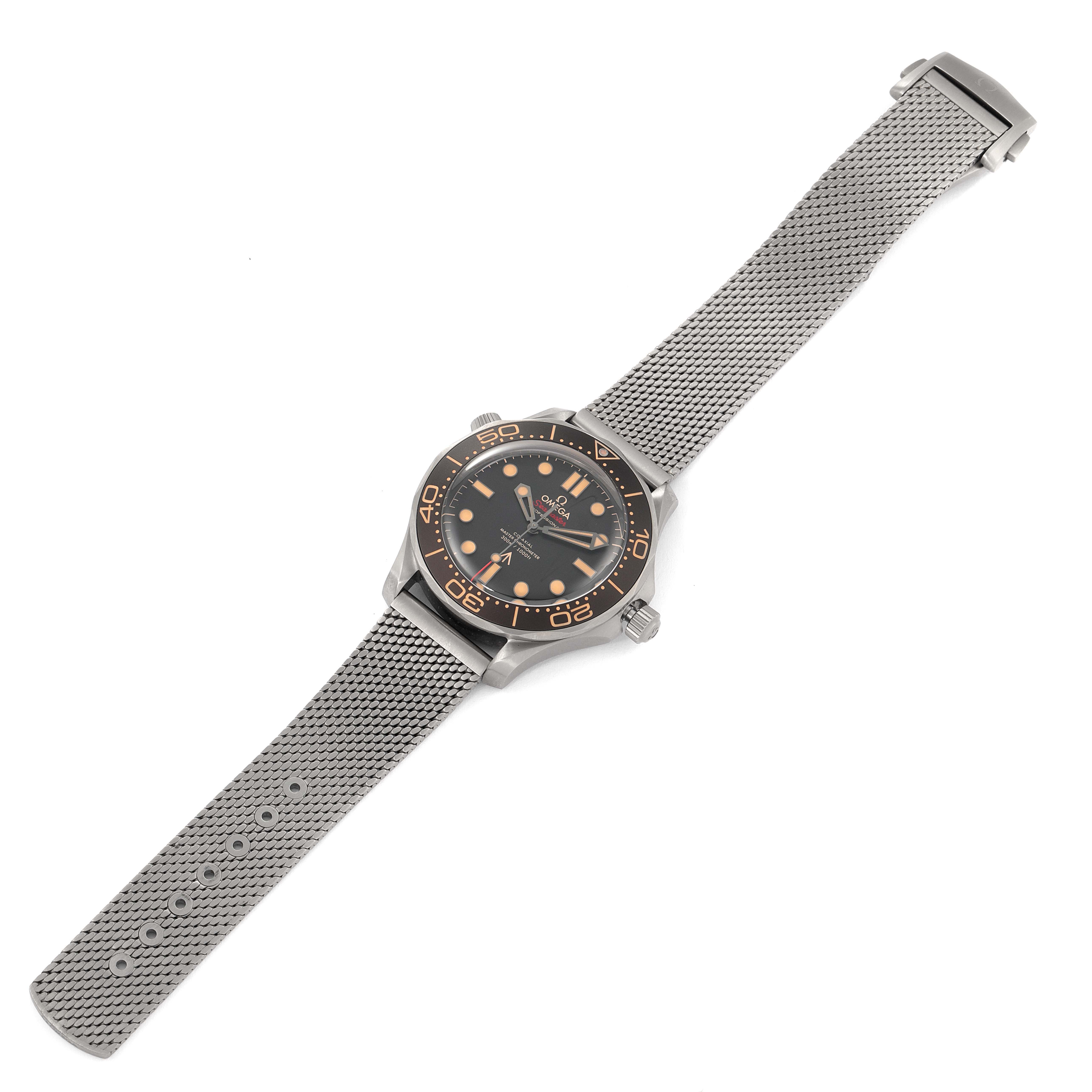 The image shows a full view of an Omega Seamaster 210.90.42.20.01.001 Men's Titanium Brown Dial 210.90.42.20.01.001 Men's Titanium Brown Dial watch, featuring the watch face, bezel, case, and metal mesh strap.