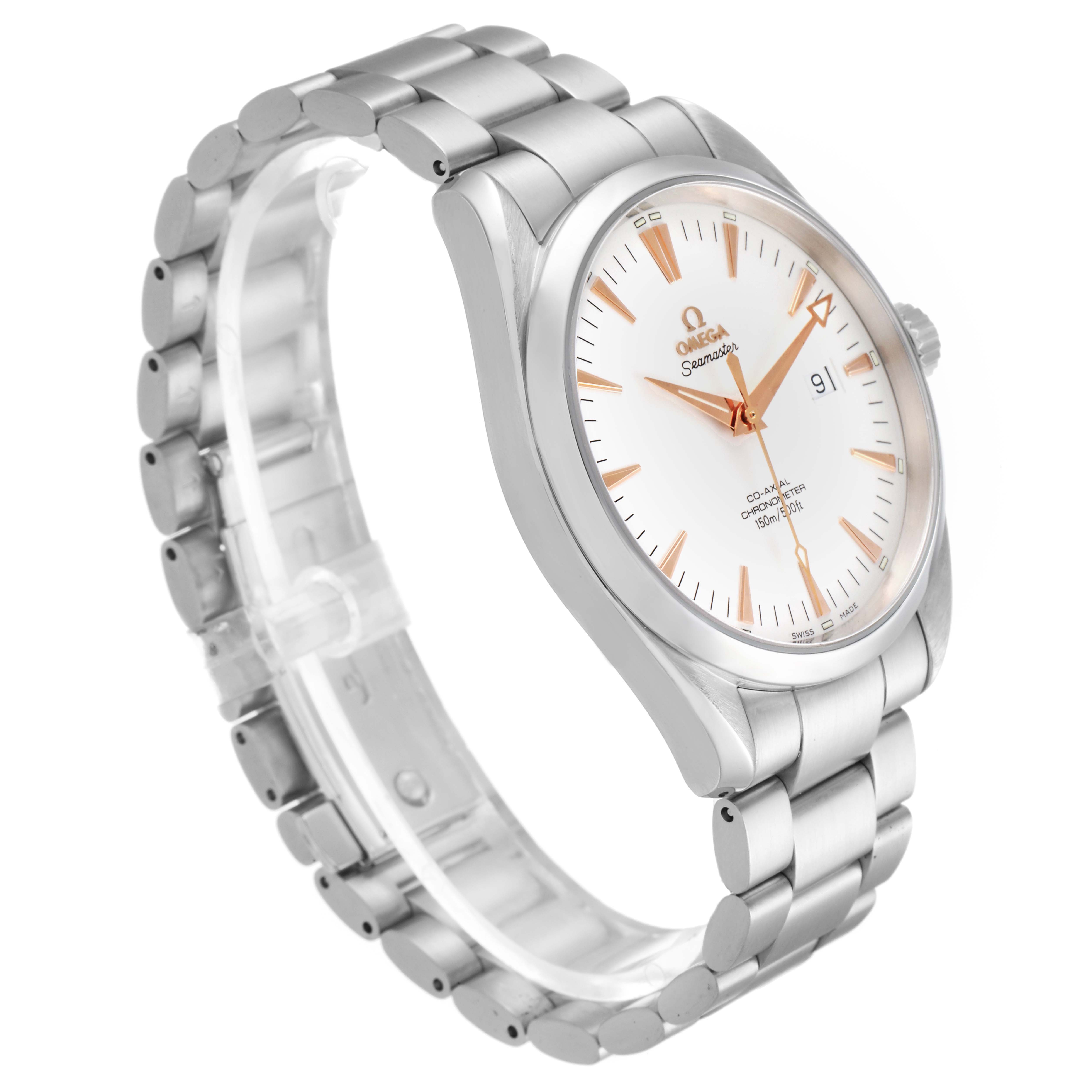 The Omega Aqua Terra 2502.34.00 Men
s Stainless Steel Silver Dial 2502.34.00 Men
s Stainless Steel Silver Dial watch is shown from a left side angle, highlighting the dial, bracelet, and crown.