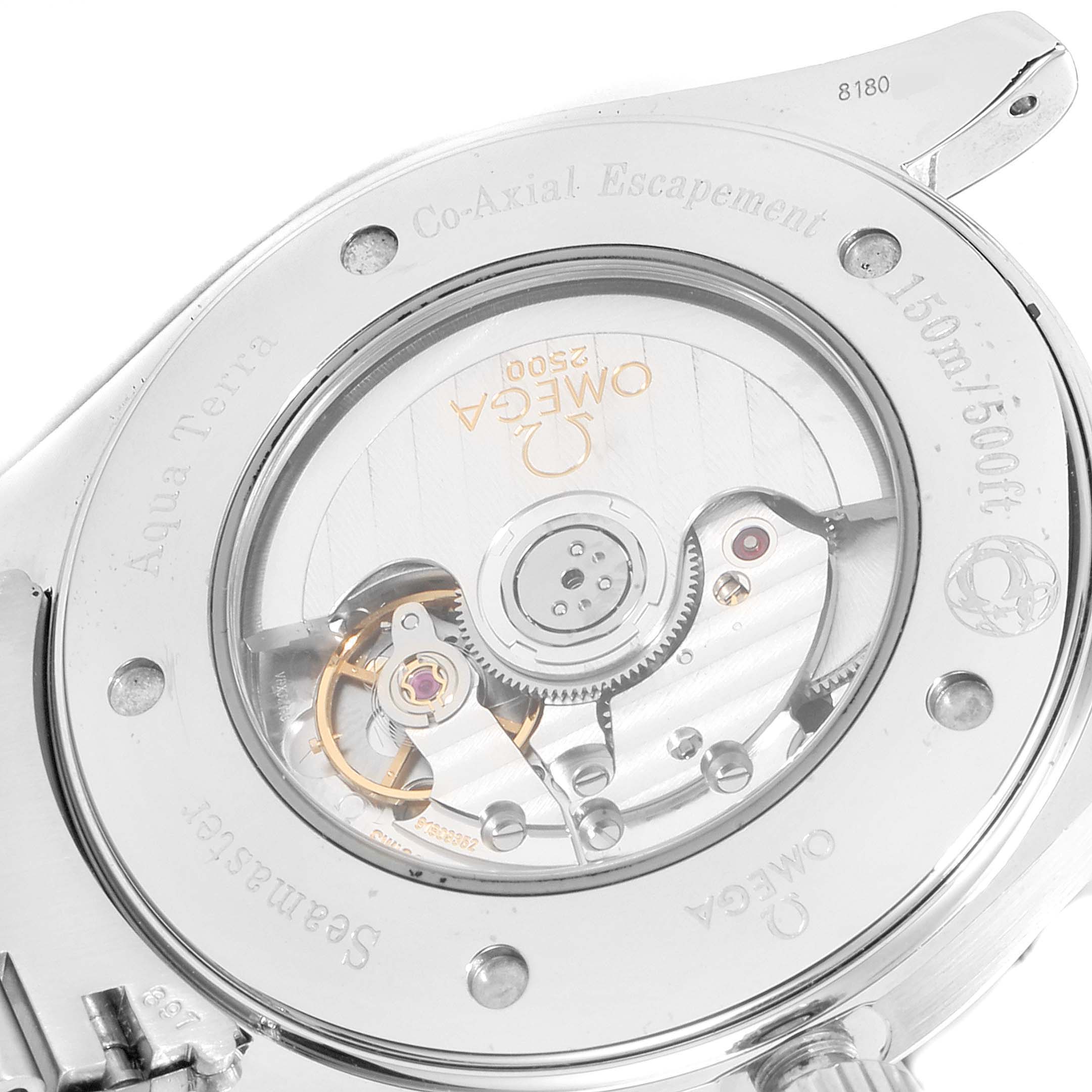This image shows the back view of the Omega Aqua Terra 2502.34.00 Men
s Stainless Steel Silver Dial 2502.34.00 Men
s Stainless Steel Silver Dial watch, revealing its Co-Axial escapement mechanism.