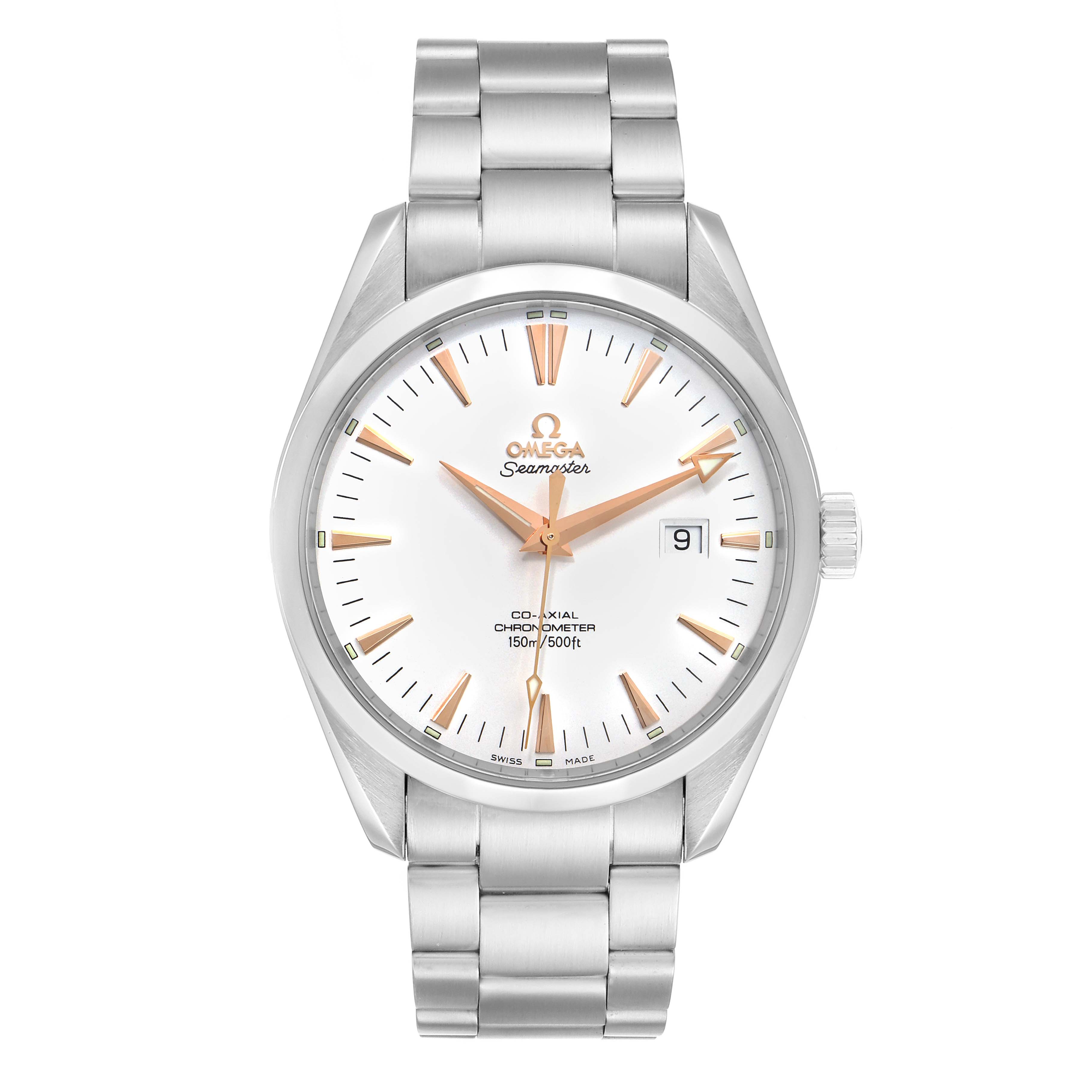 The image shows a front view of the Omega Aqua Terra 2502.34.00 Men
s Stainless Steel Silver Dial 2502.34.00 Men
s Stainless Steel Silver Dial watch, displaying its face, dial, hands, date window, and bracelet.