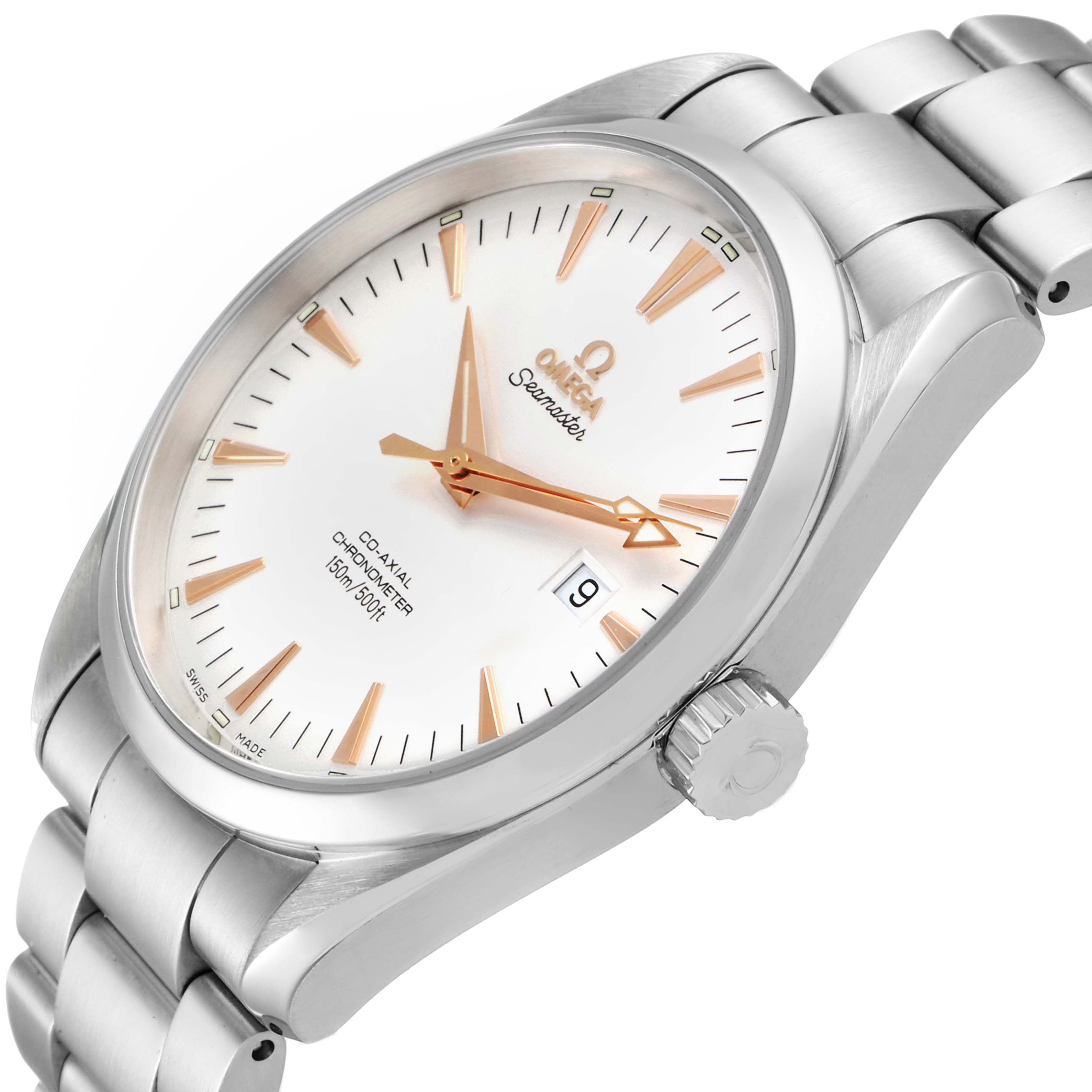 This Omega Aqua Terra 2502.34.00 Men
s Stainless Steel Silver Dial 2502.34.00 Men
s Stainless Steel Silver Dial watch is shown at a 3/4 angle, displaying the face, bezel, case, and part of the bracelet.