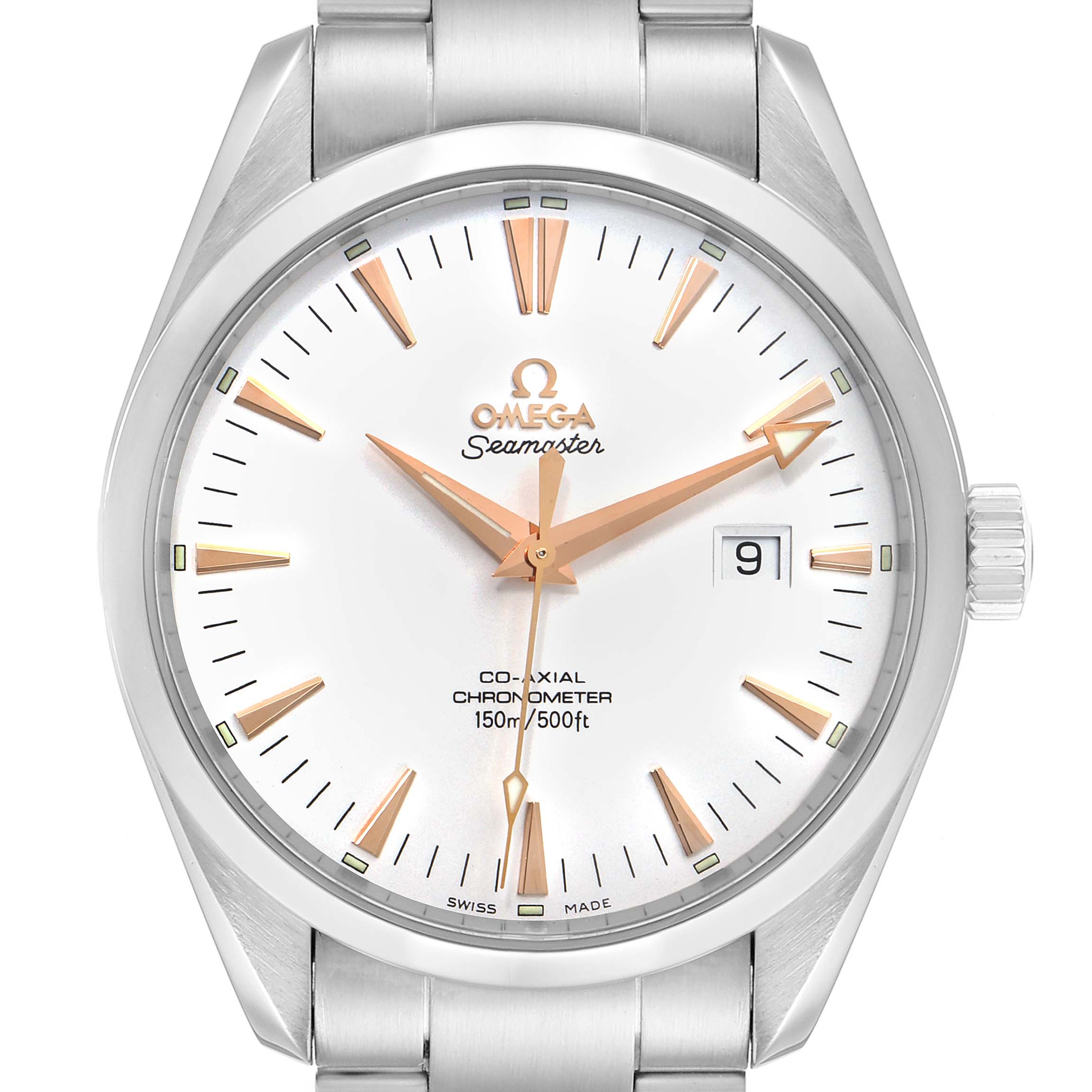 The image shows a front view of an Omega Aqua Terra 2502.34.00 Men
s Stainless Steel Silver Dial 2502.34.00 Men
s Stainless Steel Silver Dial Seamaster watch, highlighting its dial, hands, and bracelet.