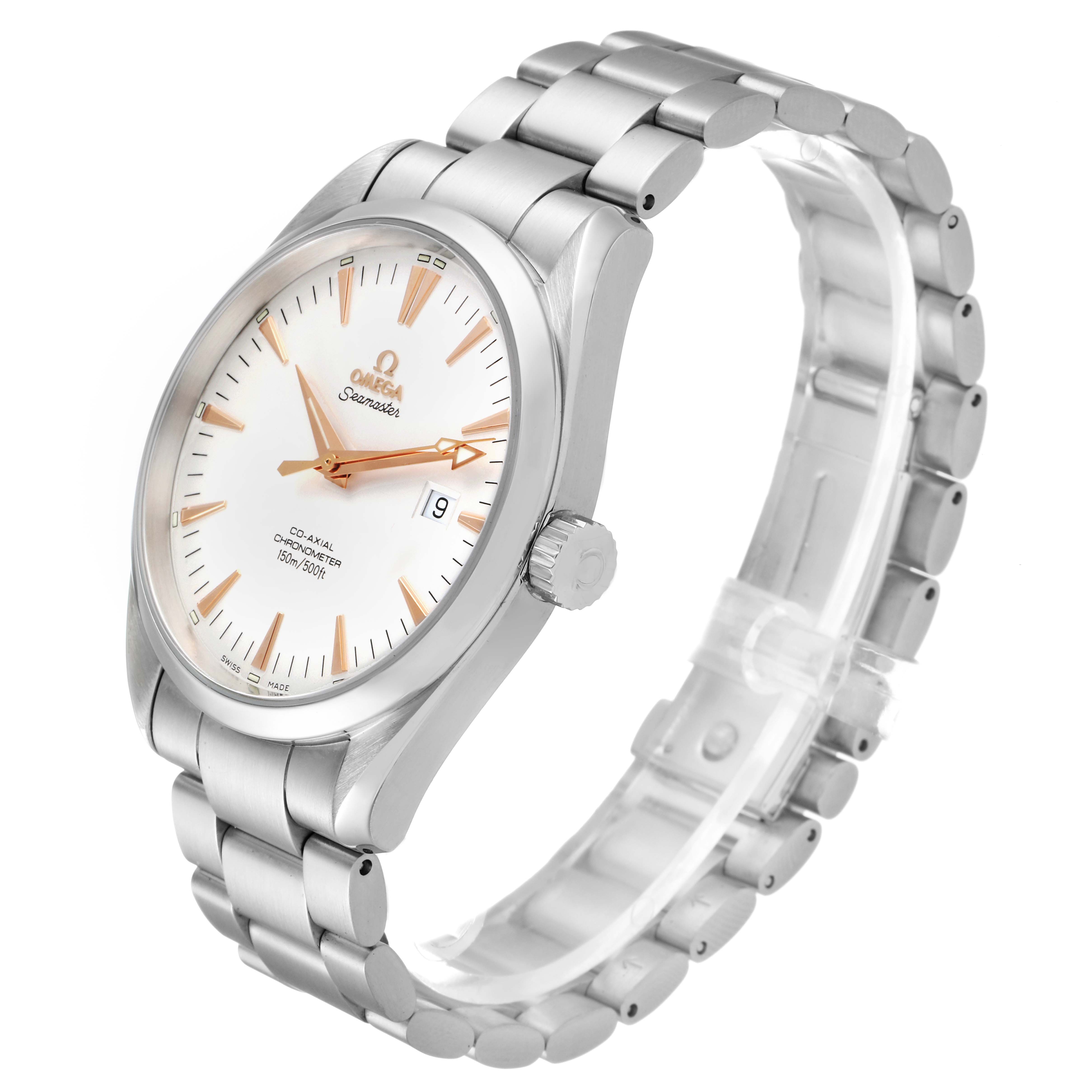 The Omega Aqua Terra 2502.34.00 Men
s Stainless Steel Silver Dial 2502.34.00 Men
s Stainless Steel Silver Dial watch is shown at a three-quarter angle, highlighting its face, bracelet, and crown.