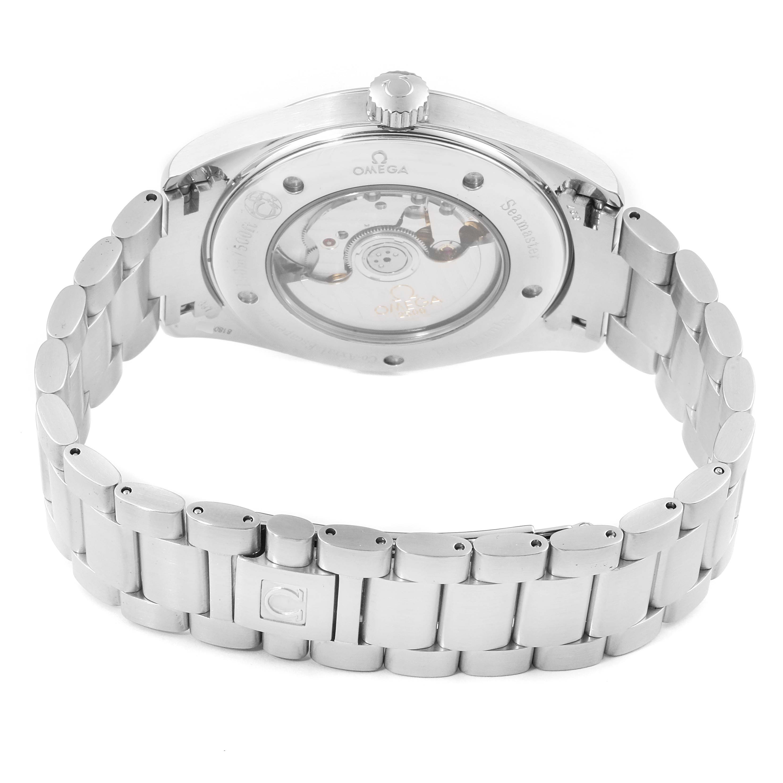 The image shows the back view of the Omega Aqua Terra 2502.34.00 Men
s Stainless Steel Silver Dial 2502.34.00 Men
s Stainless Steel Silver Dial watch, highlighting the bracelet and transparent case back revealing the movement.