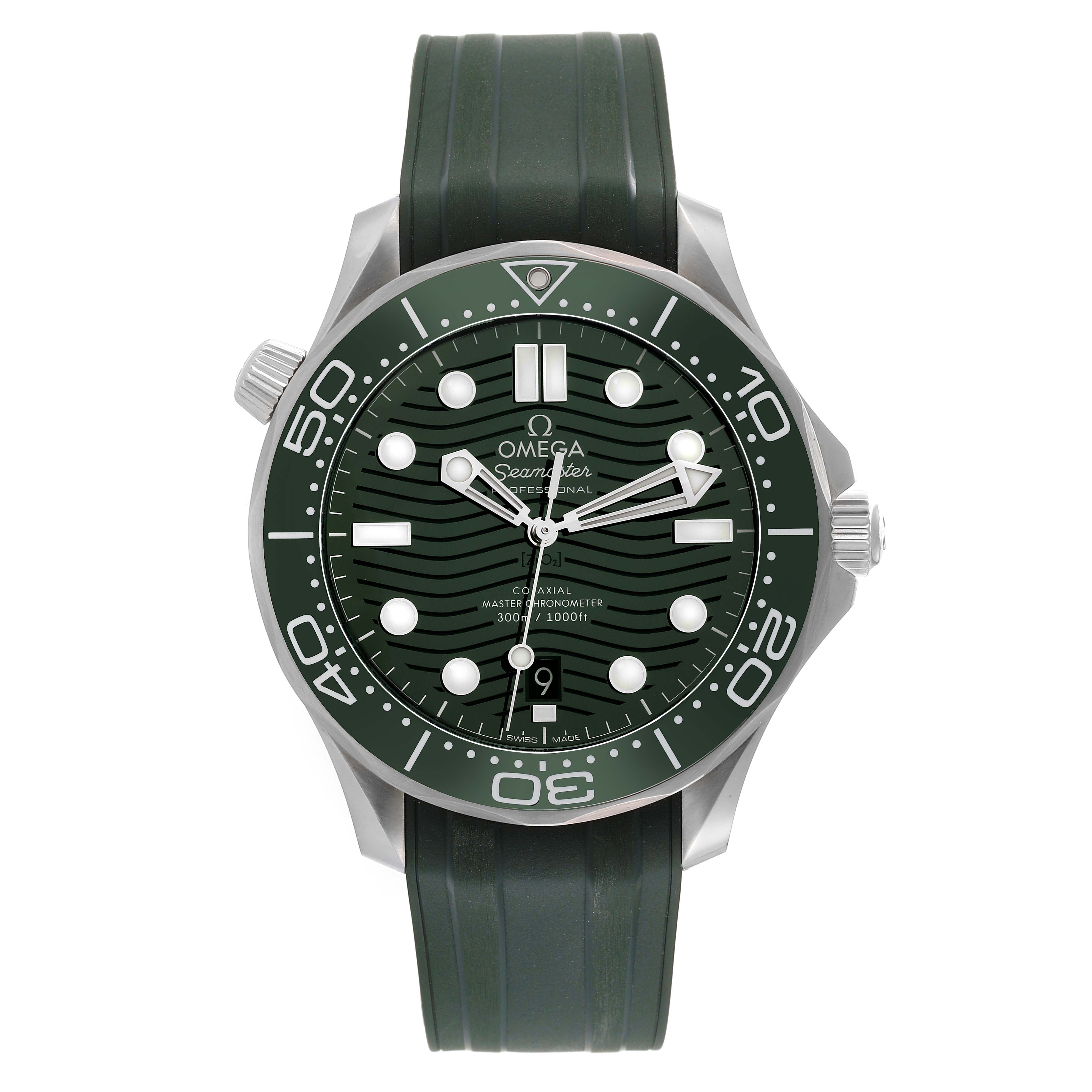 The image shows a front view of the Omega Seamaster 210.32.42.20.10.001 Men's Stainless Steel Green Dial 210.32.42.20.10.001 Men's Stainless Steel Green Dial watch, highlighting the face, bezel, and strap.