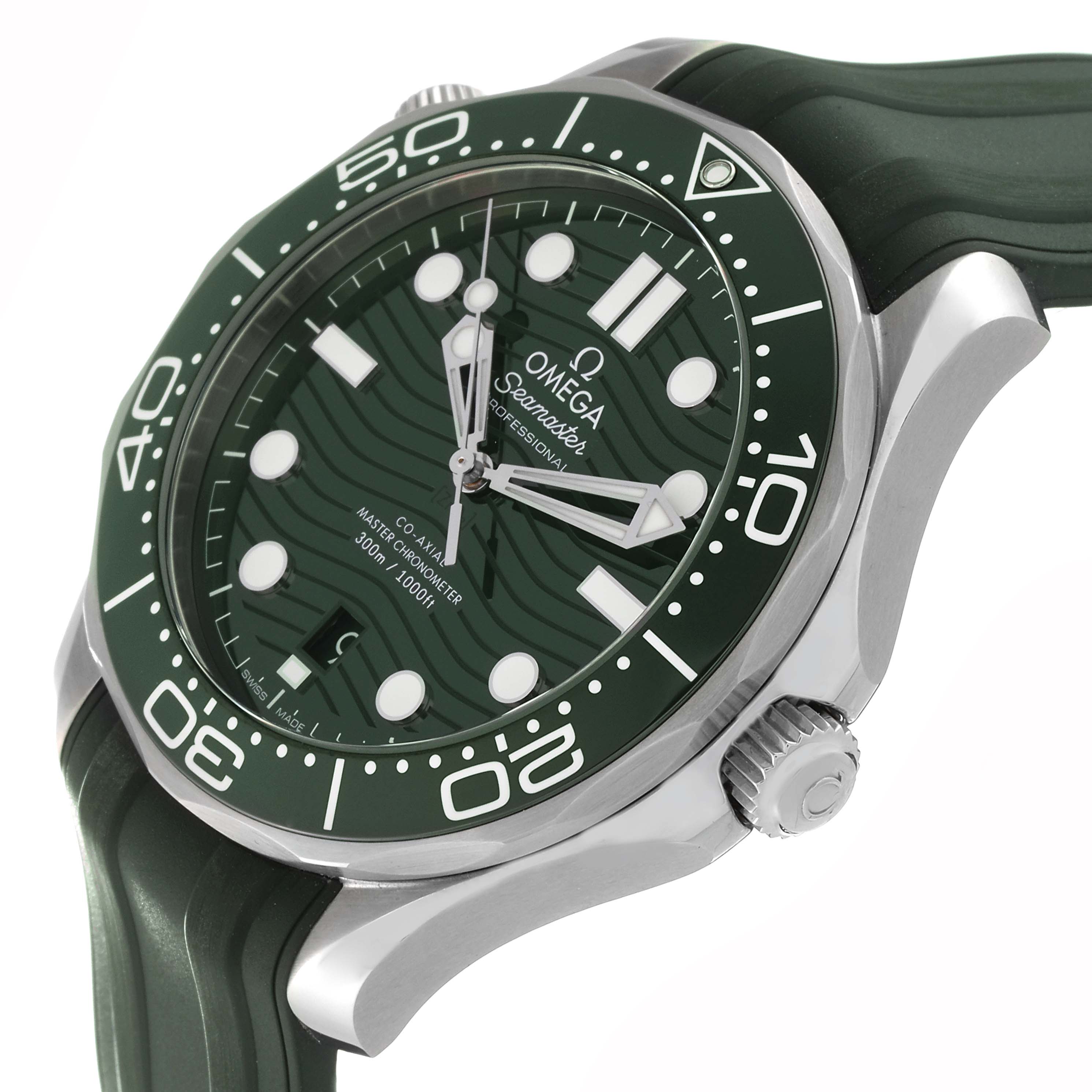The Omega Seamaster 210.32.42.20.10.001 Men's Stainless Steel Green Dial 210.32.42.20.10.001 Men's Stainless Steel Green Dial watch is shown at an oblique angle, highlighting its green dial, bezel, and rubber strap.