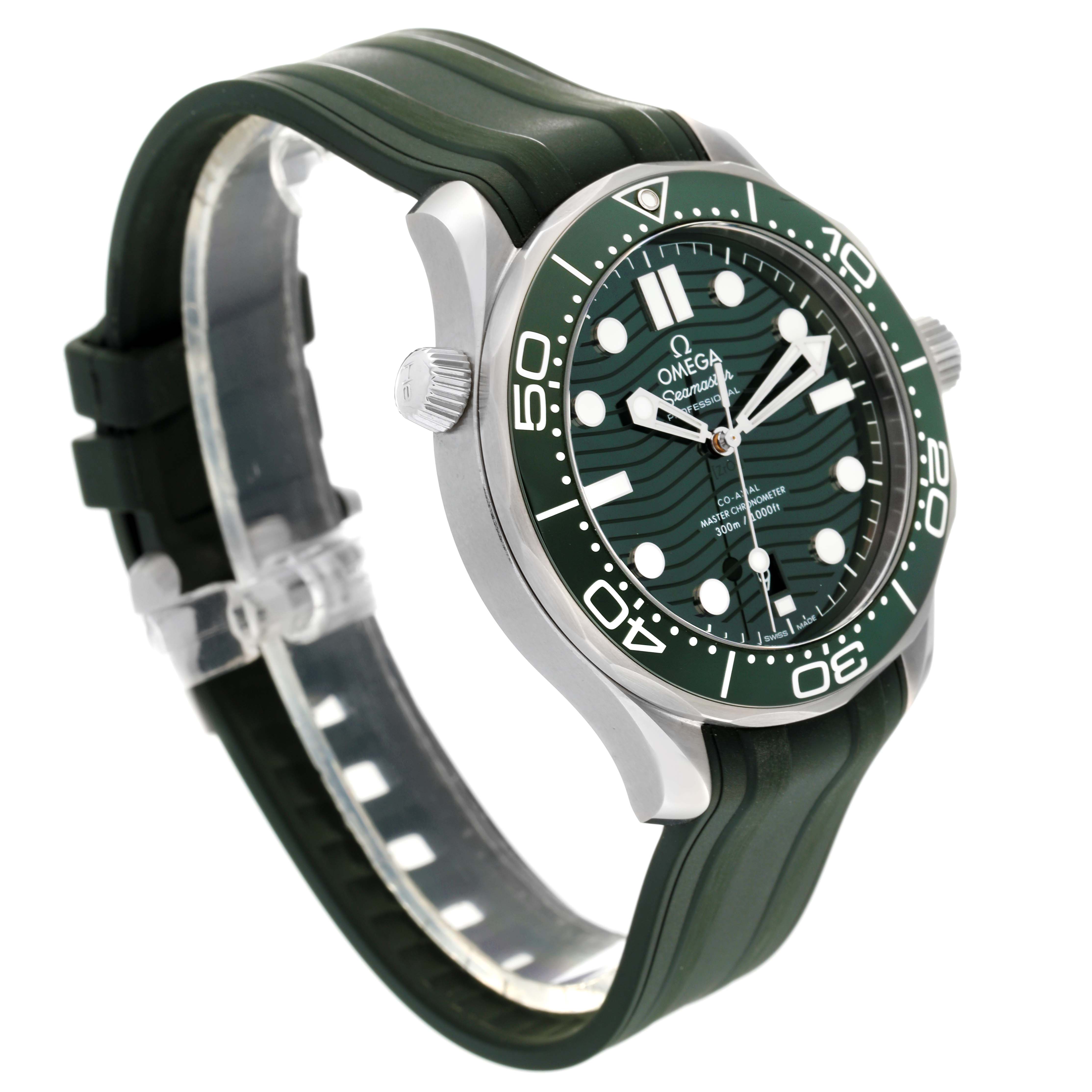 The image shows an Omega Seamaster 210.32.42.20.10.001 Men's Stainless Steel Green Dial 210.32.42.20.10.001 Men's Stainless Steel Green Dial watch at an angle displaying its face, bezel, crown, and rubber strap.