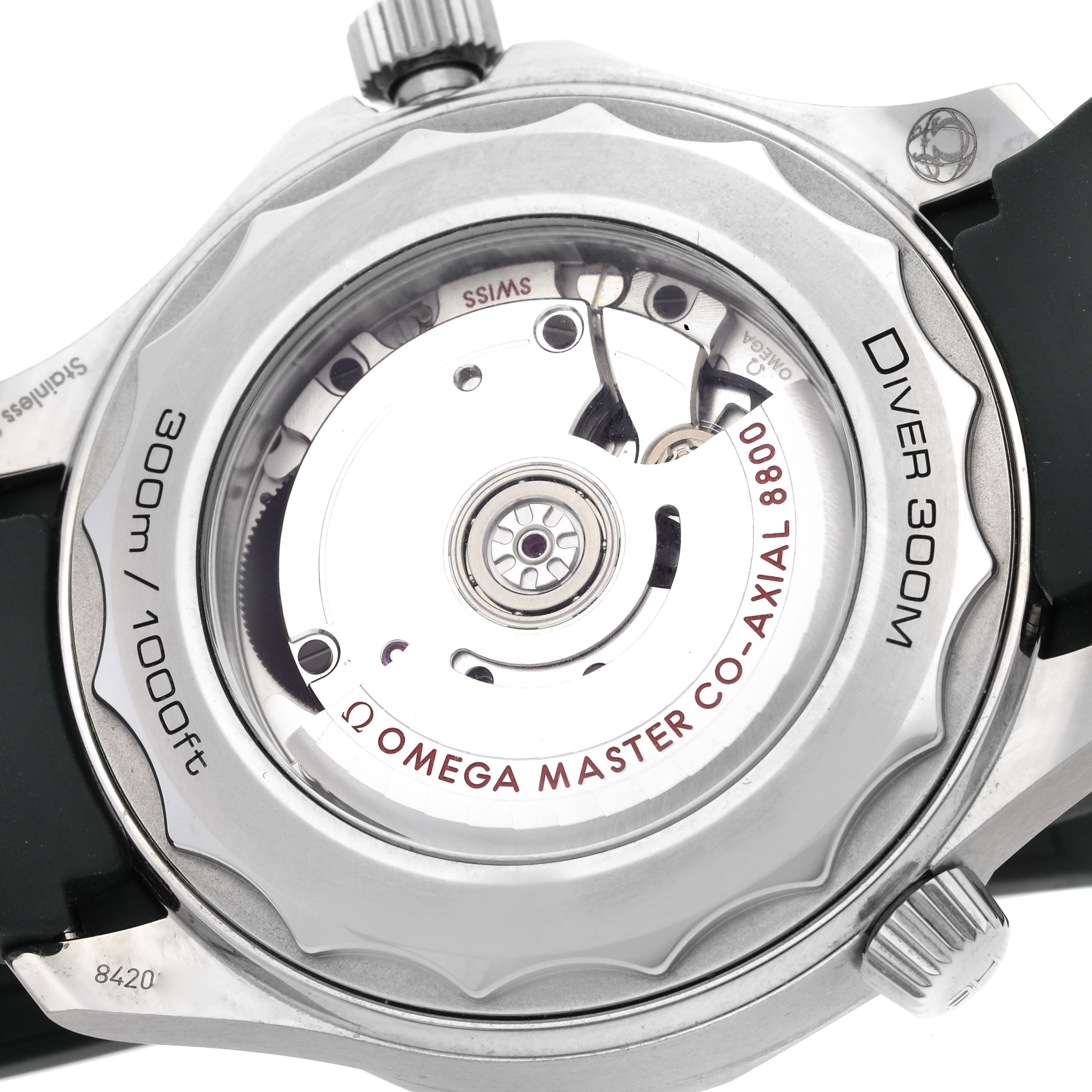 This image shows the back of an Omega Seamaster 210.32.42.20.10.001 Men's Stainless Steel Green Dial 210.32.42.20.10.001 Men's Stainless Steel Green Dial watch, highlighting the transparent case back and movement.