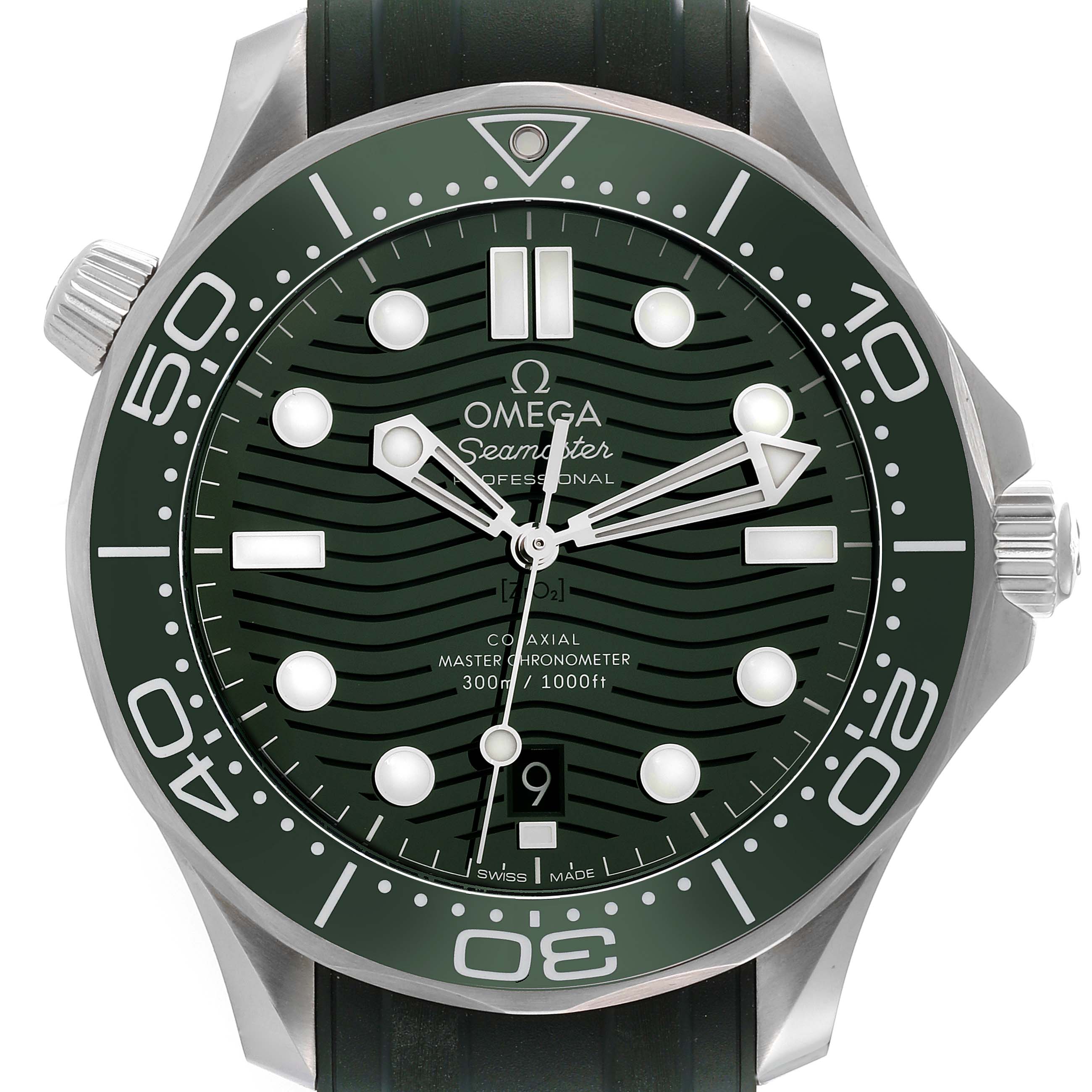This image shows a front view of an Omega Seamaster 210.32.42.20.10.001 Men's Stainless Steel Green Dial 210.32.42.20.10.001 Men's Stainless Steel Green Dial watch, highlighting its green dial and bezel with luminescent markers.