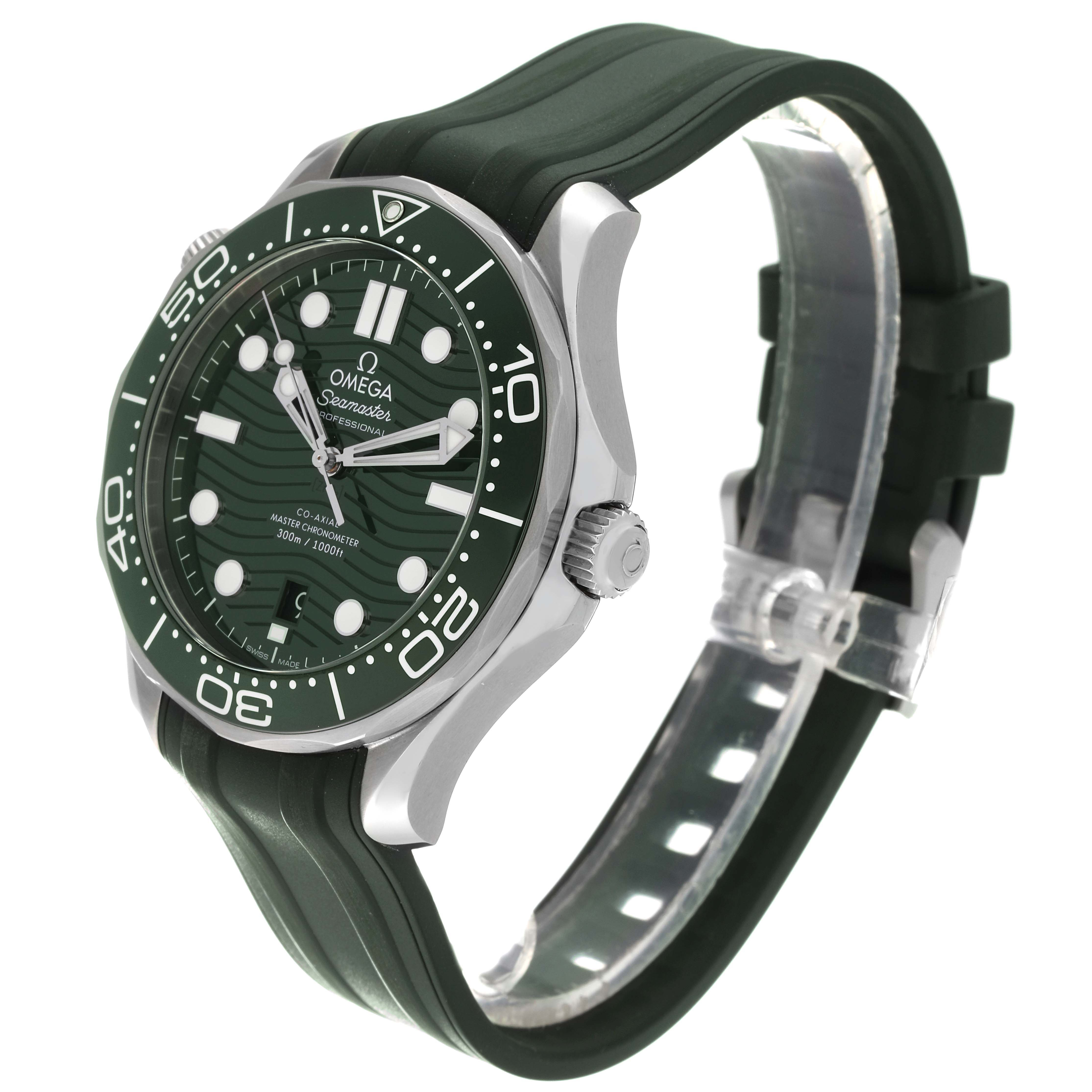 The image shows an Omega Seamaster 210.32.42.20.10.001 Men's Stainless Steel Green Dial 210.32.42.20.10.001 Men's Stainless Steel Green Dial watch at a side angle, highlighting the face, bezel, crown, and rubber strap.