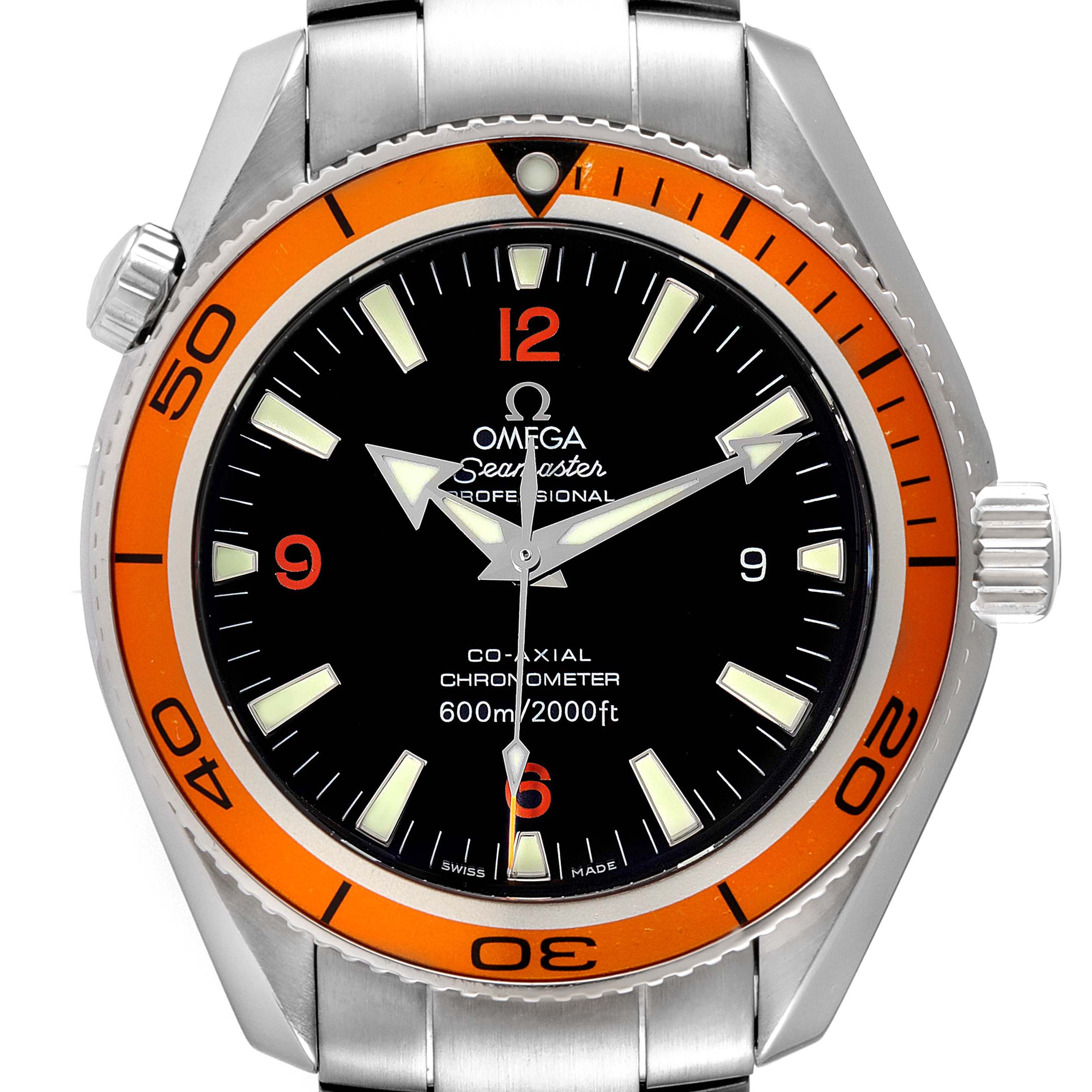 This image shows a close-up, front view of the Omega Planet Ocean 2209.50.00 Men
s Stainless Steel Black Dial 2209.50.00 Men
s Stainless Steel Black Dial model watch, highlighting the face, bezel, and part of the bracelet.