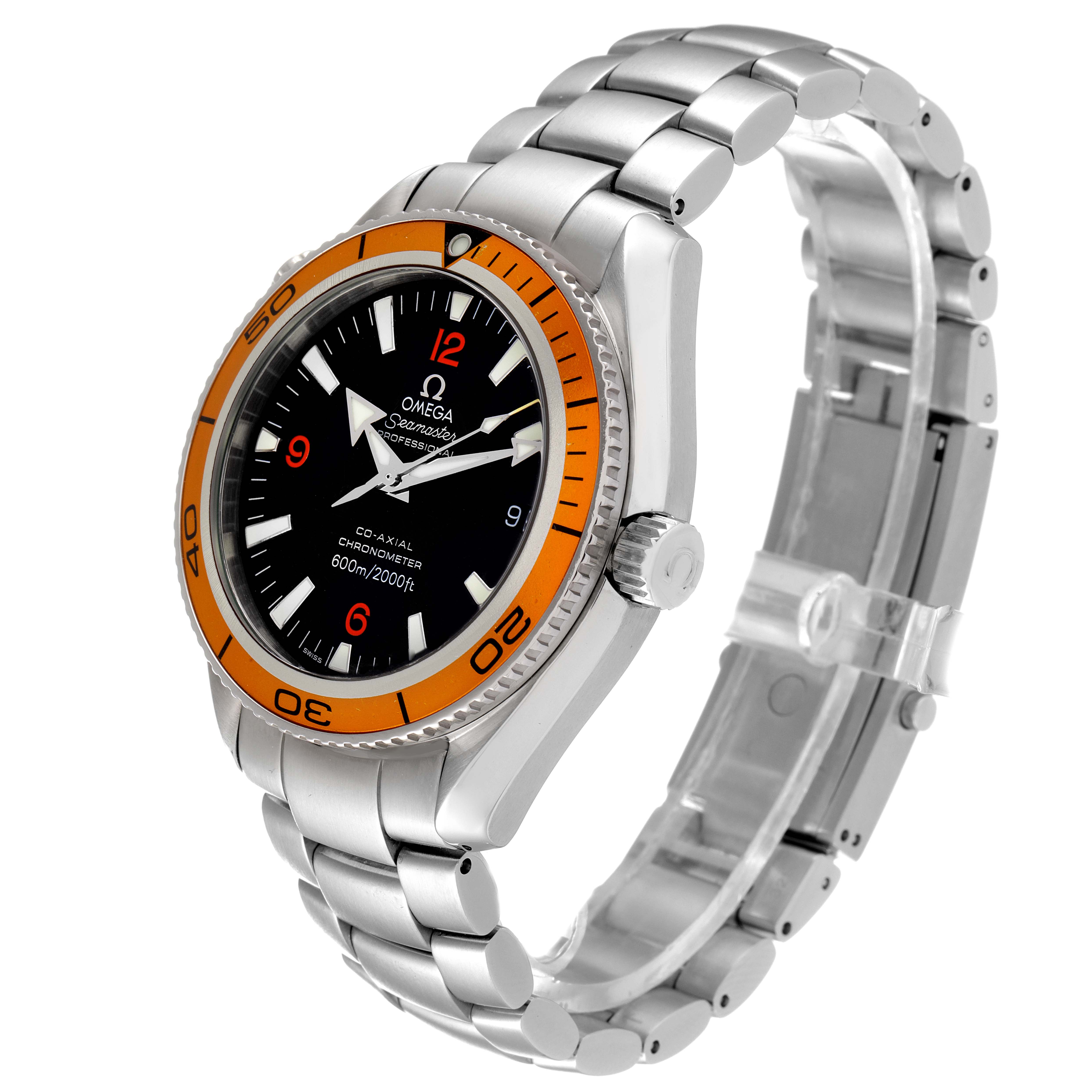 The Omega Planet Ocean 2209.50.00 Men
s Stainless Steel Black Dial 2209.50.00 Men
s Stainless Steel Black Dial watch is shown at a side angle, highlighting the bracelet, bezel, crown, and face.