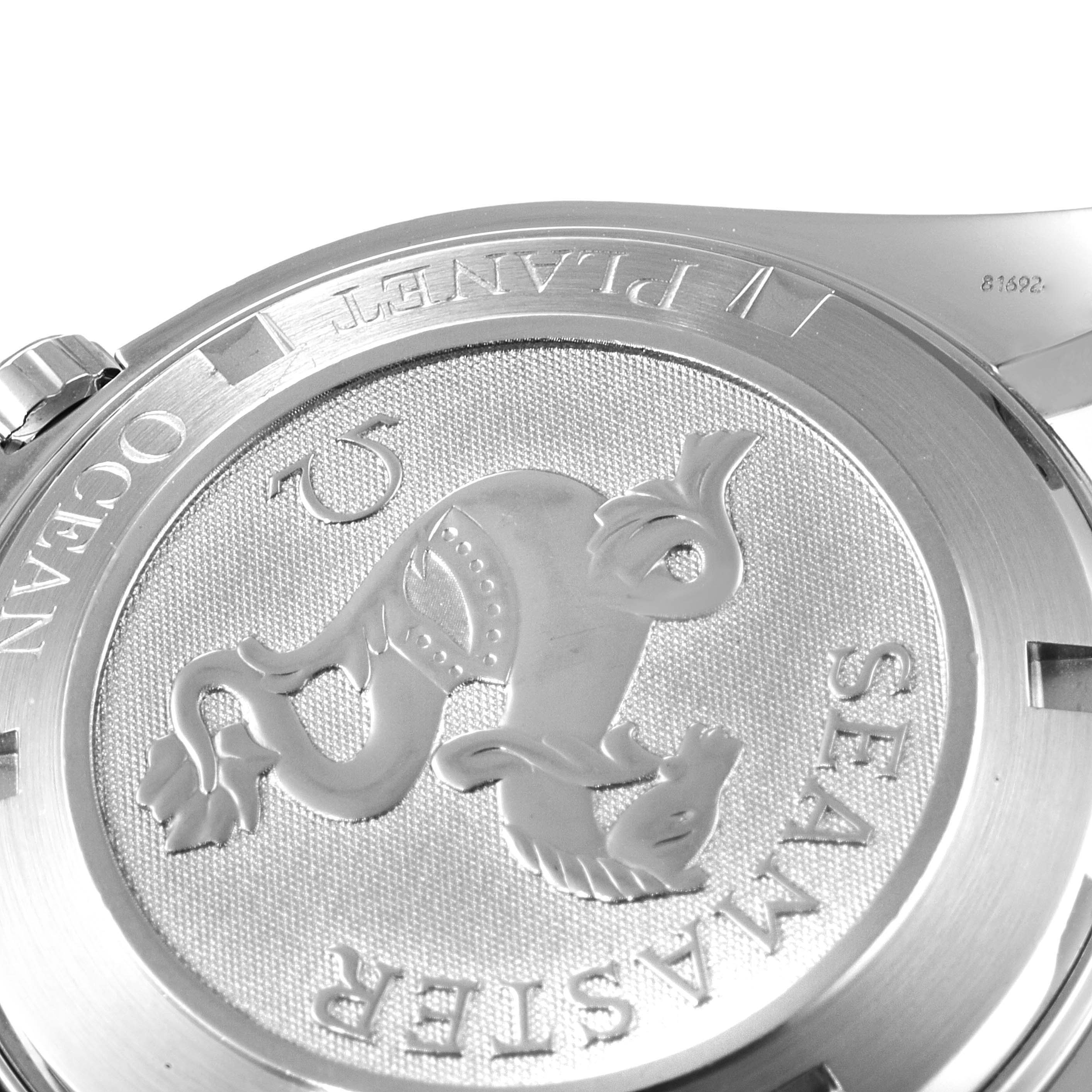 The image shows the case back of an Omega Planet Ocean 2209.50.00 Men
s Stainless Steel Black Dial 2209.50.00 Men
s Stainless Steel Black Dial watch, featuring the Seamaster logo and engravings.