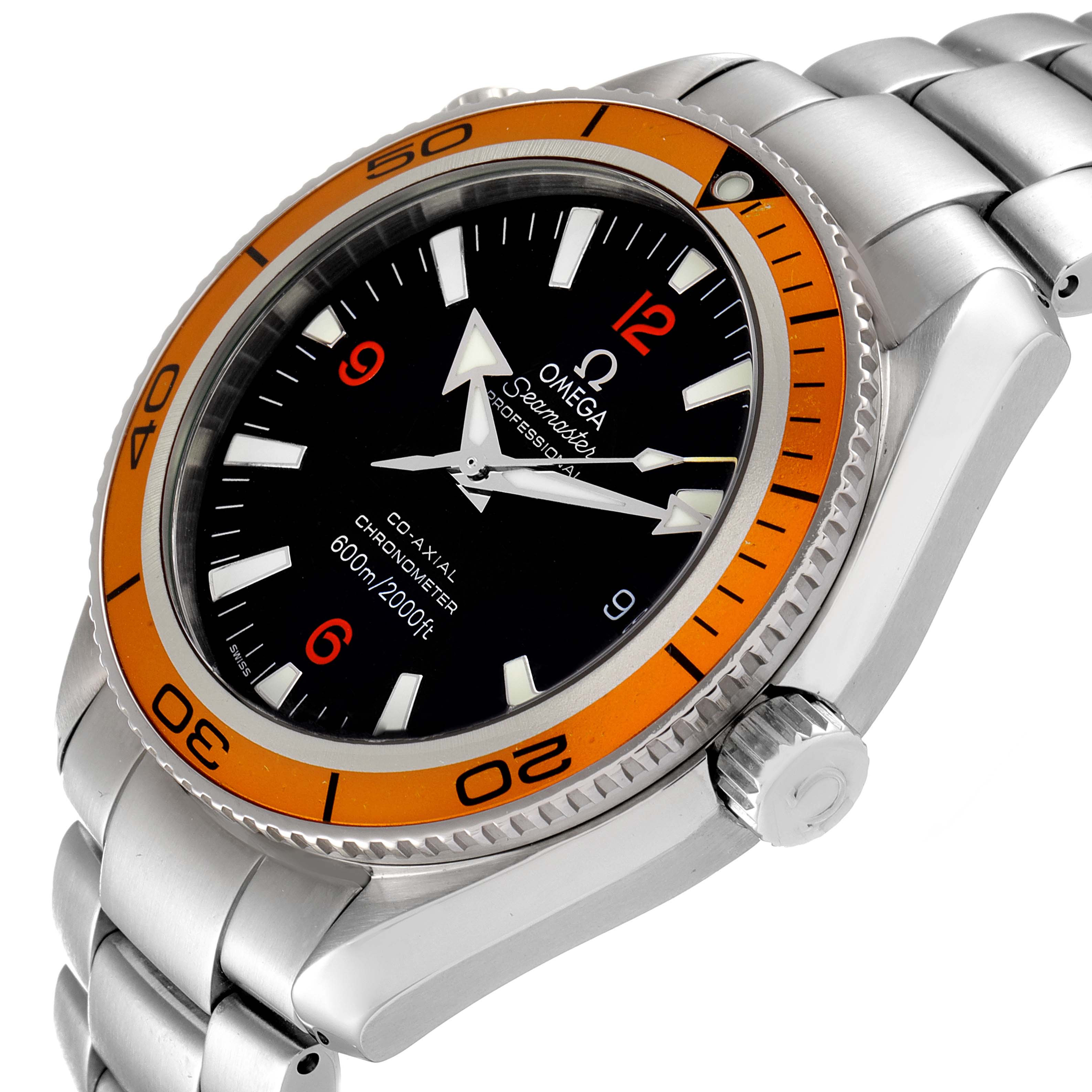 The image shows a side angle of the Omega Planet Ocean 2209.50.00 Men
s Stainless Steel Black Dial 2209.50.00 Men
s Stainless Steel Black Dial watch, highlighting the bezel, dial, and bracelet.