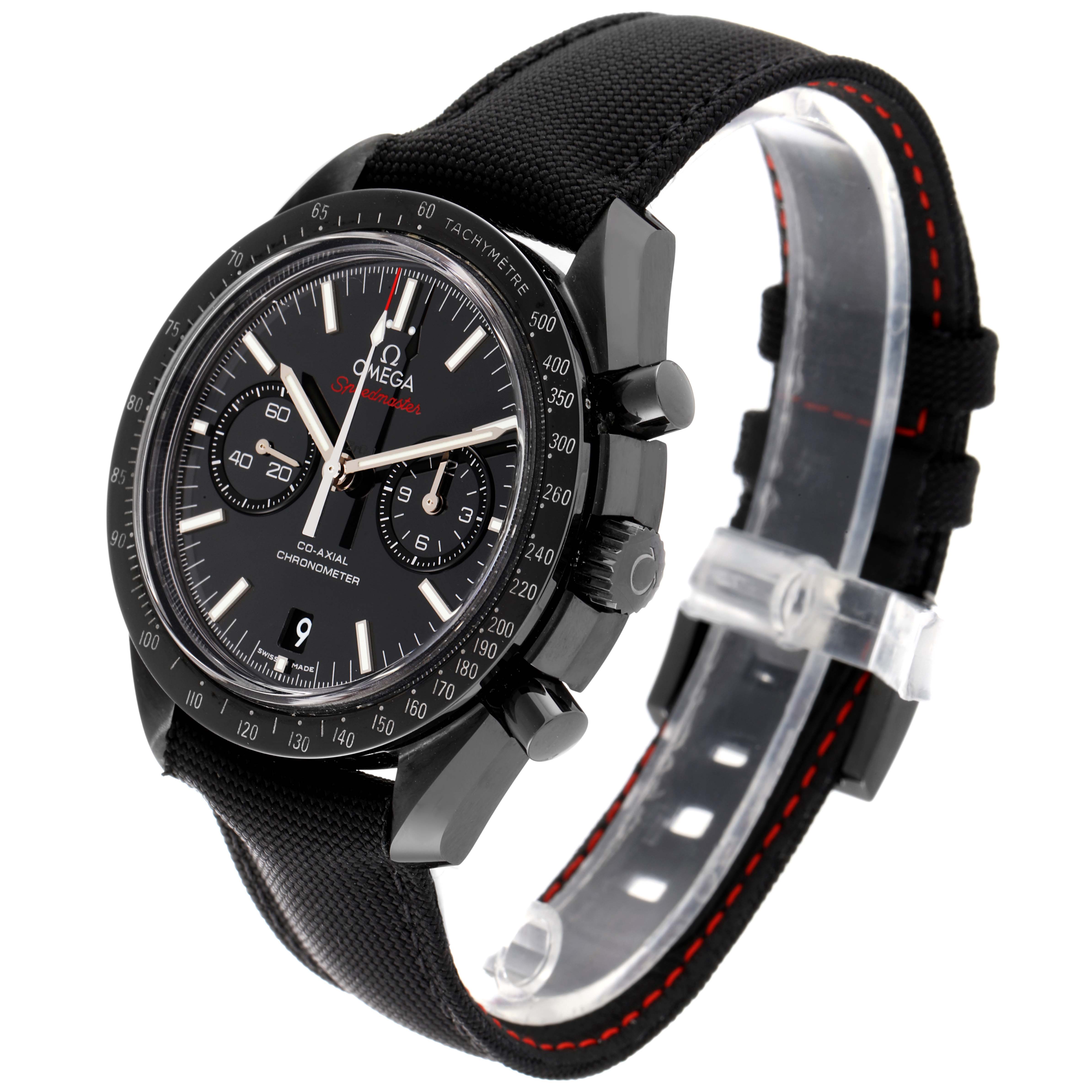 This image shows a side-angle view of an Omega Speedmaster 311.92.44.51.01.003 Men's Ceramic Black Dial 311.92.44.51.01.003 Men's Ceramic Black Dial watch featuring the dial, pushers, crown, and strap.