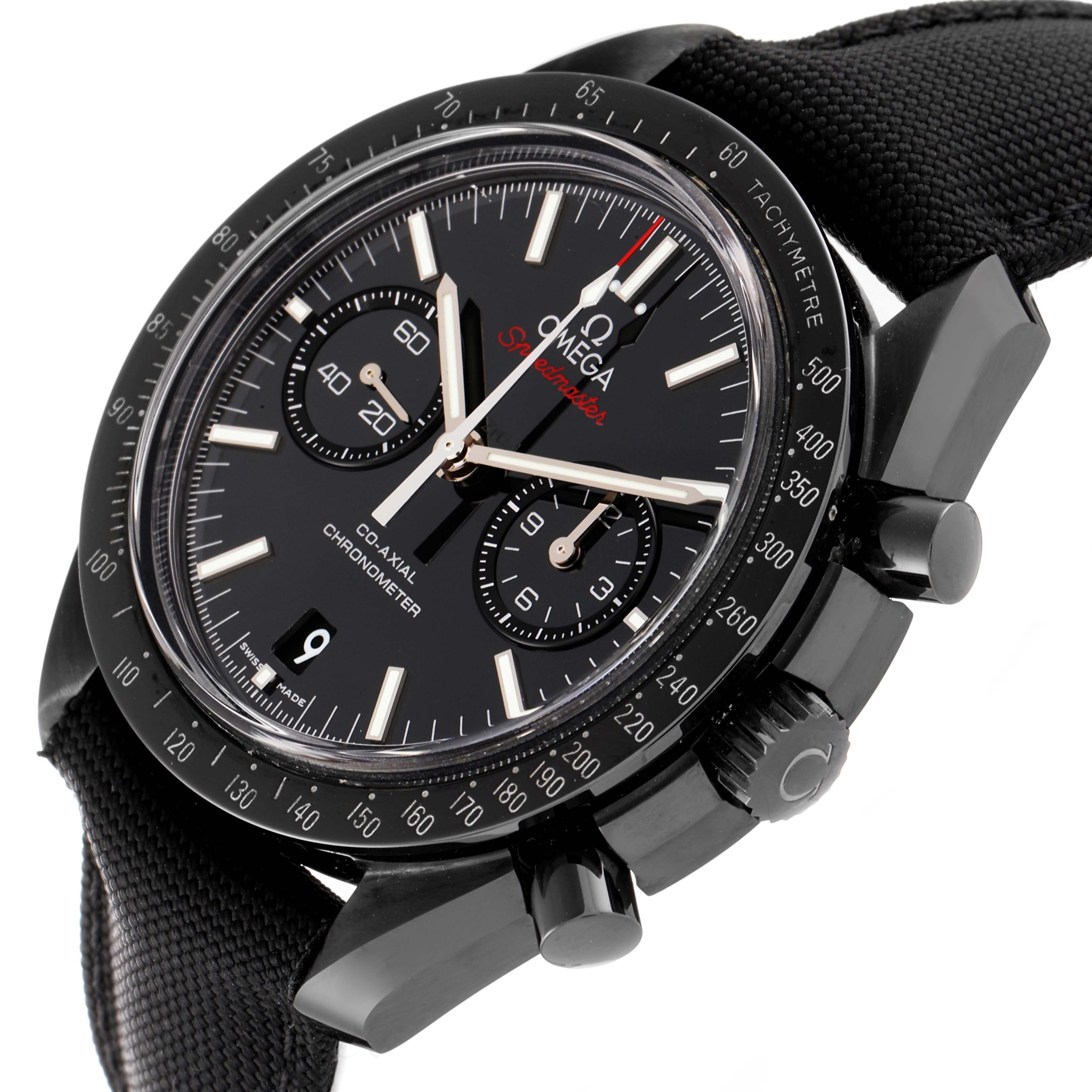 This image shows a close-up angled view of the Omega Speedmaster 311.92.44.51.01.003 Men's Ceramic Black Dial 311.92.44.51.01.003 Men's Ceramic Black Dial watch face, crown, and chronograph pushers.