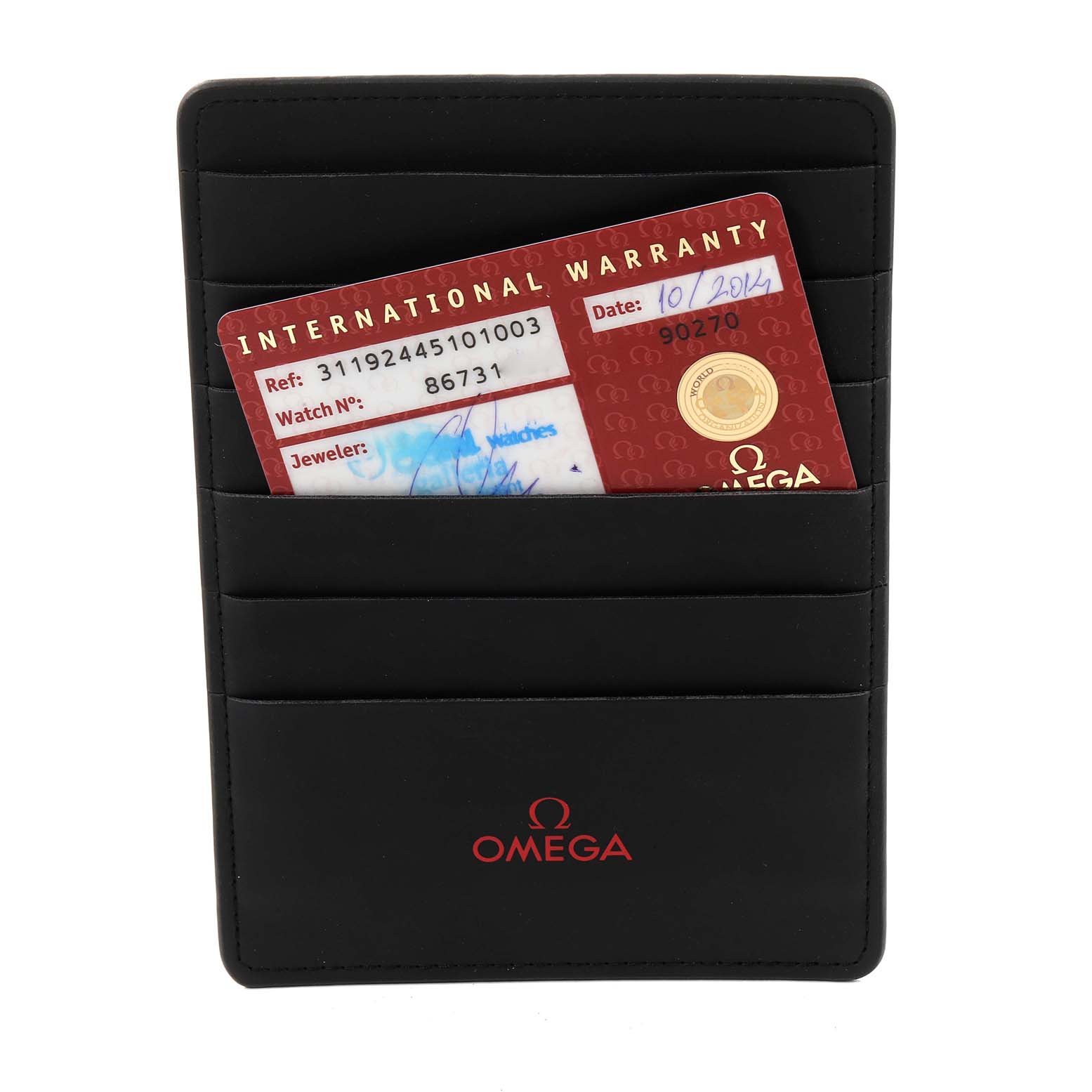 This image shows an Omega Speedmaster 311.92.44.51.01.003 Men's Ceramic Black Dial 311.92.44.51.01.003 Men's Ceramic Black Dial watch's international warranty card in a black Omega cardholder.