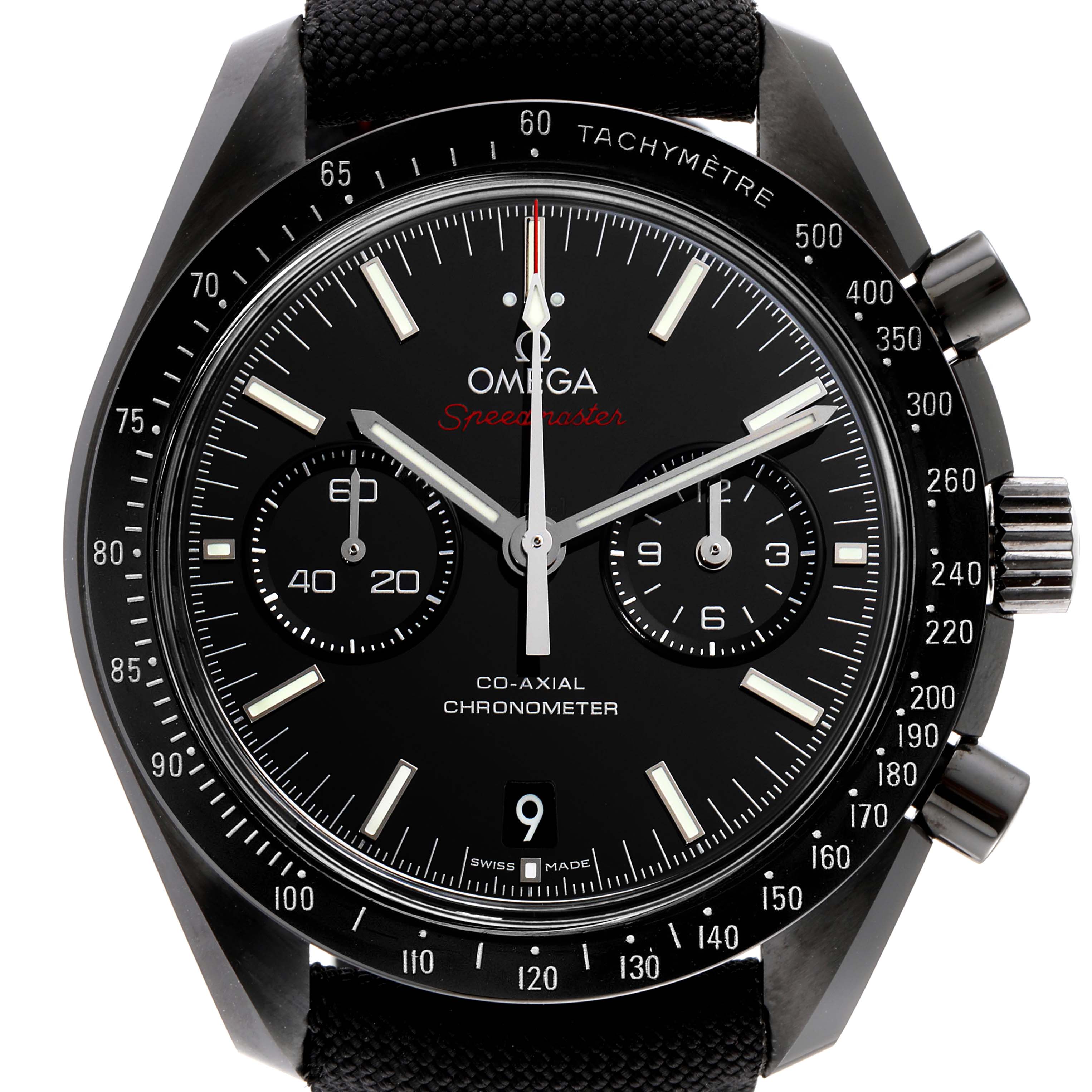 The image shows a frontal view of an Omega Speedmaster 311.92.44.51.01.003 Men's Ceramic Black Dial 311.92.44.51.01.003 Men's Ceramic Black Dial watch, highlighting its black dial, subdials, tachymeter bezel, and pushers.