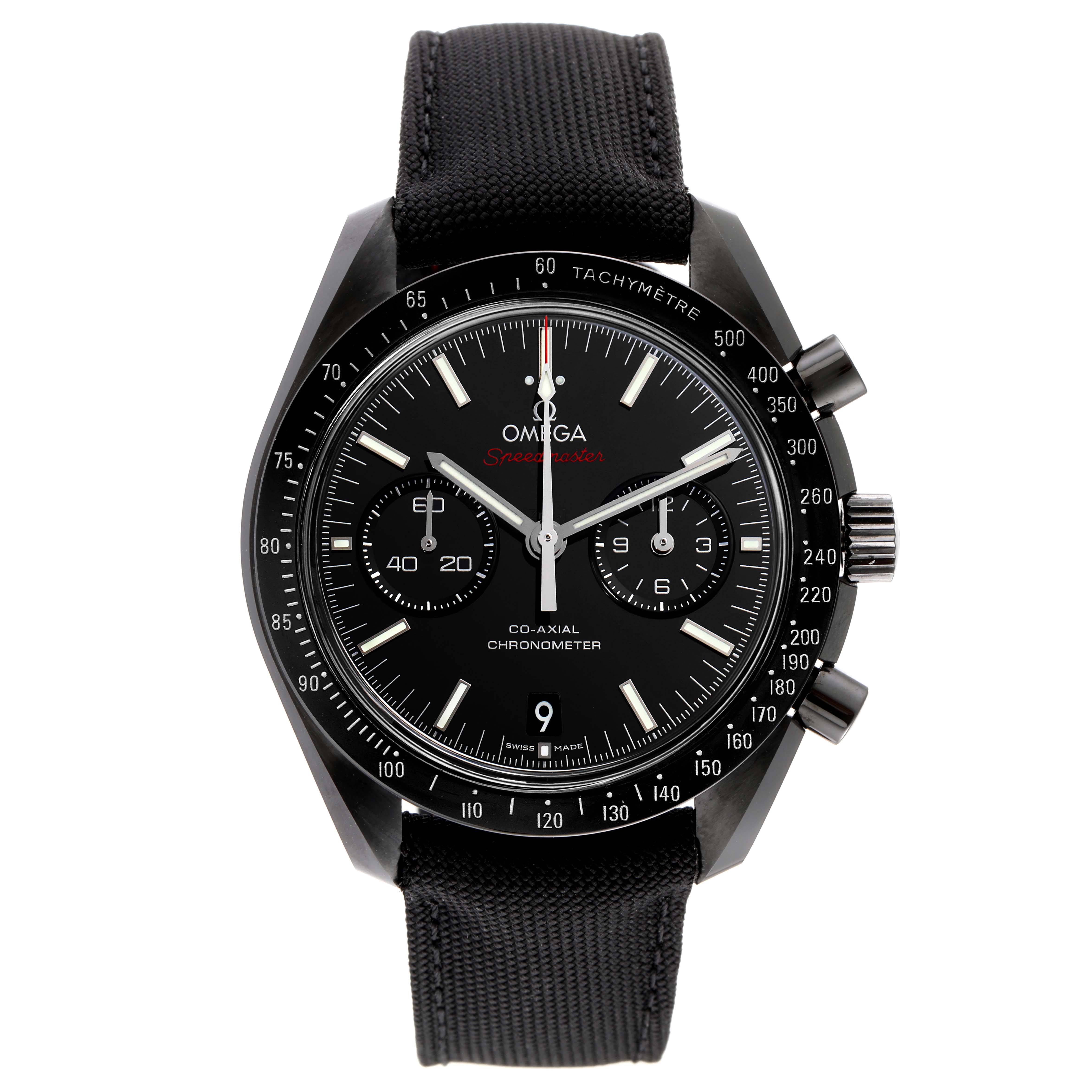 This is a front view of the Omega Speedmaster 311.92.44.51.01.003 Men's Ceramic Black Dial 311.92.44.51.01.003 Men's Ceramic Black Dial, showing the dial, subdials, crown, pushers, and tachymeter bezel.