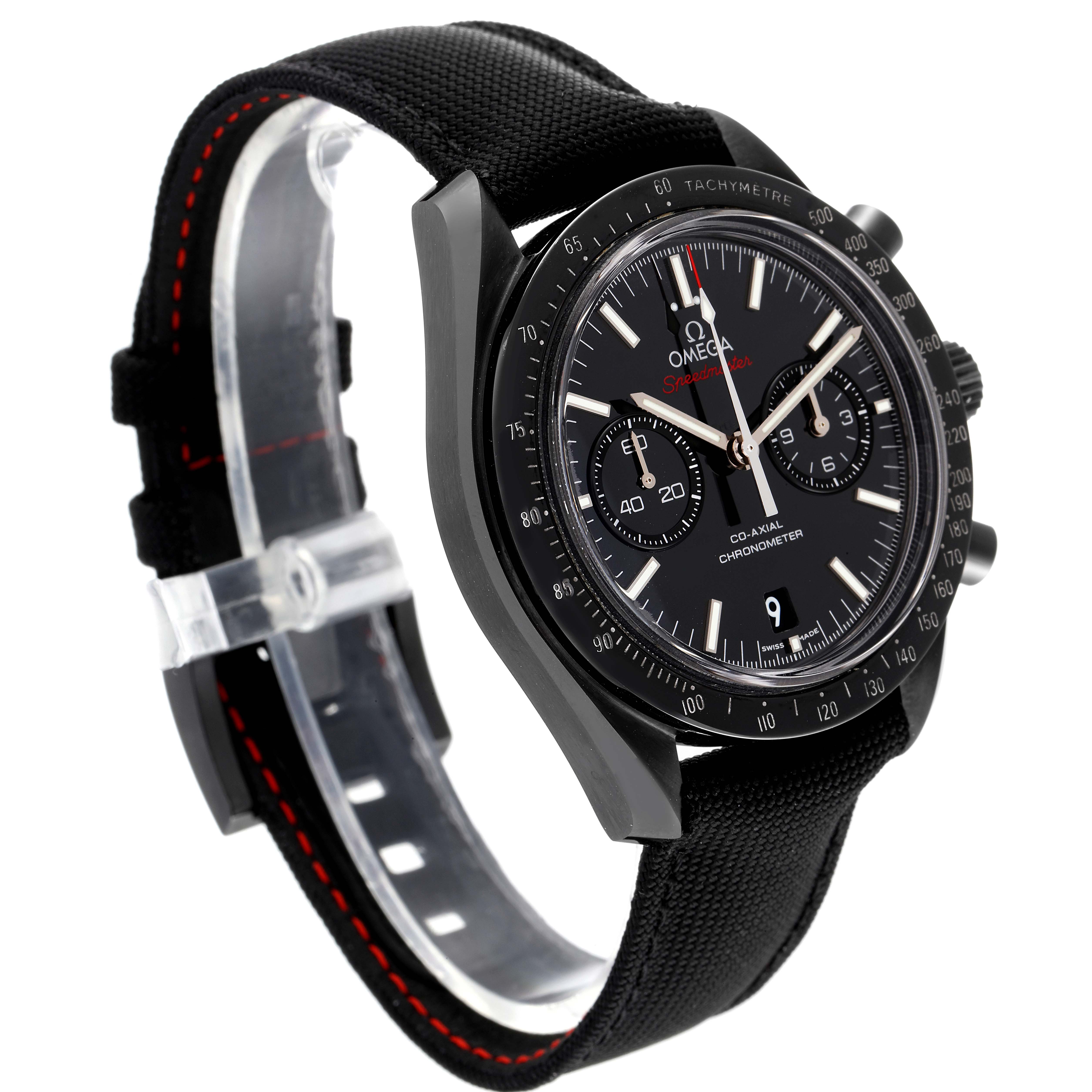 The Omega Speedmaster 311.92.44.51.01.003 Men's Ceramic Black Dial 311.92.44.51.01.003 Men's Ceramic Black Dial watch is shown from the front-left angle, displaying the face, bezel, and part of the strap.