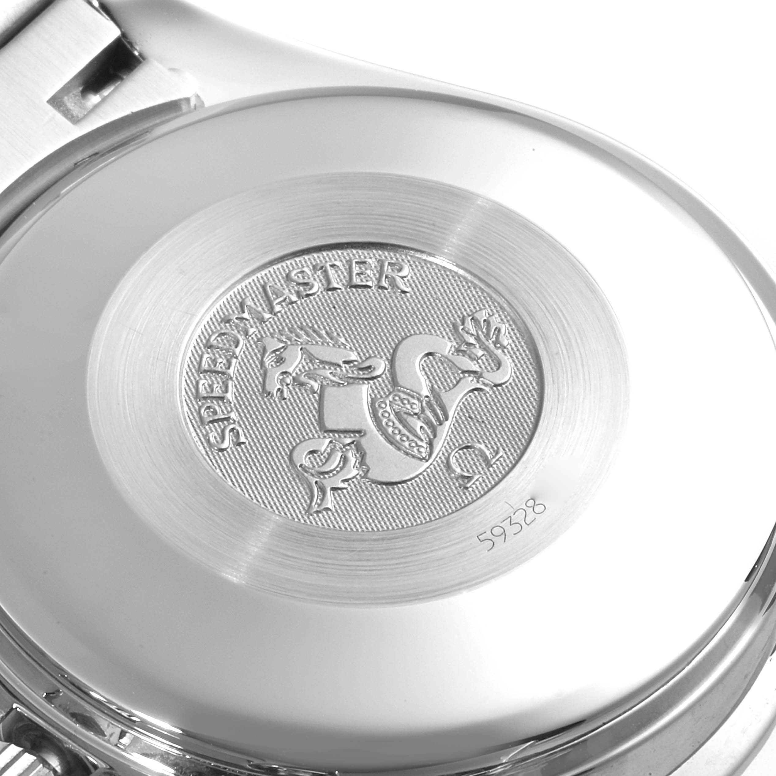 The image shows the back case of an Omega Speedmaster 3520.50.00 Men
s Stainless Steel Black Dial 3520.50.00 Men
s Stainless Steel Black Dial watch with an engraved logo and serial number.