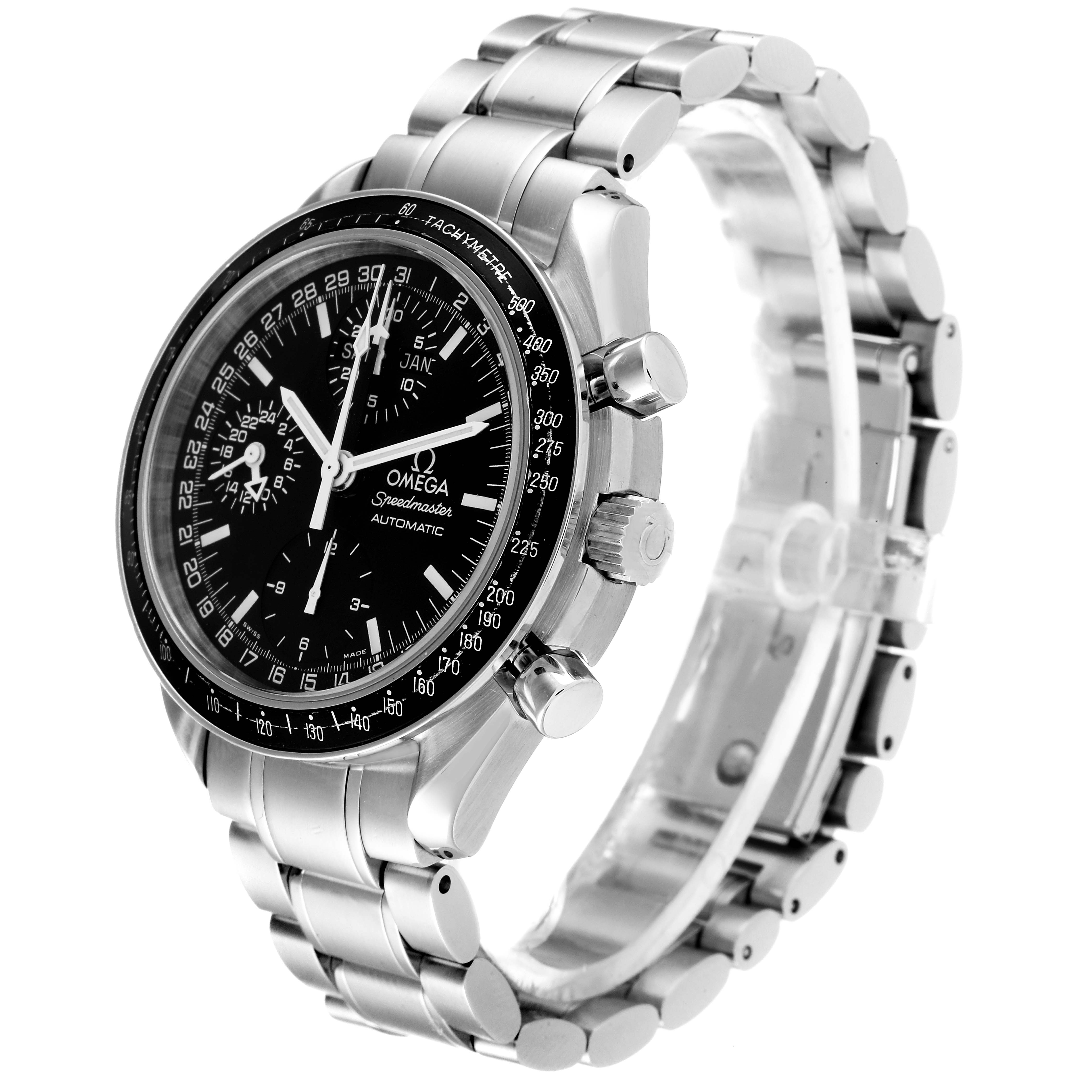 The image shows an angled view of an Omega Speedmaster 3520.50.00 Men
s Stainless Steel Black Dial 3520.50.00 Men
s Stainless Steel Black Dial watch, displaying the face, bezel, crown, pushers, and bracelet.