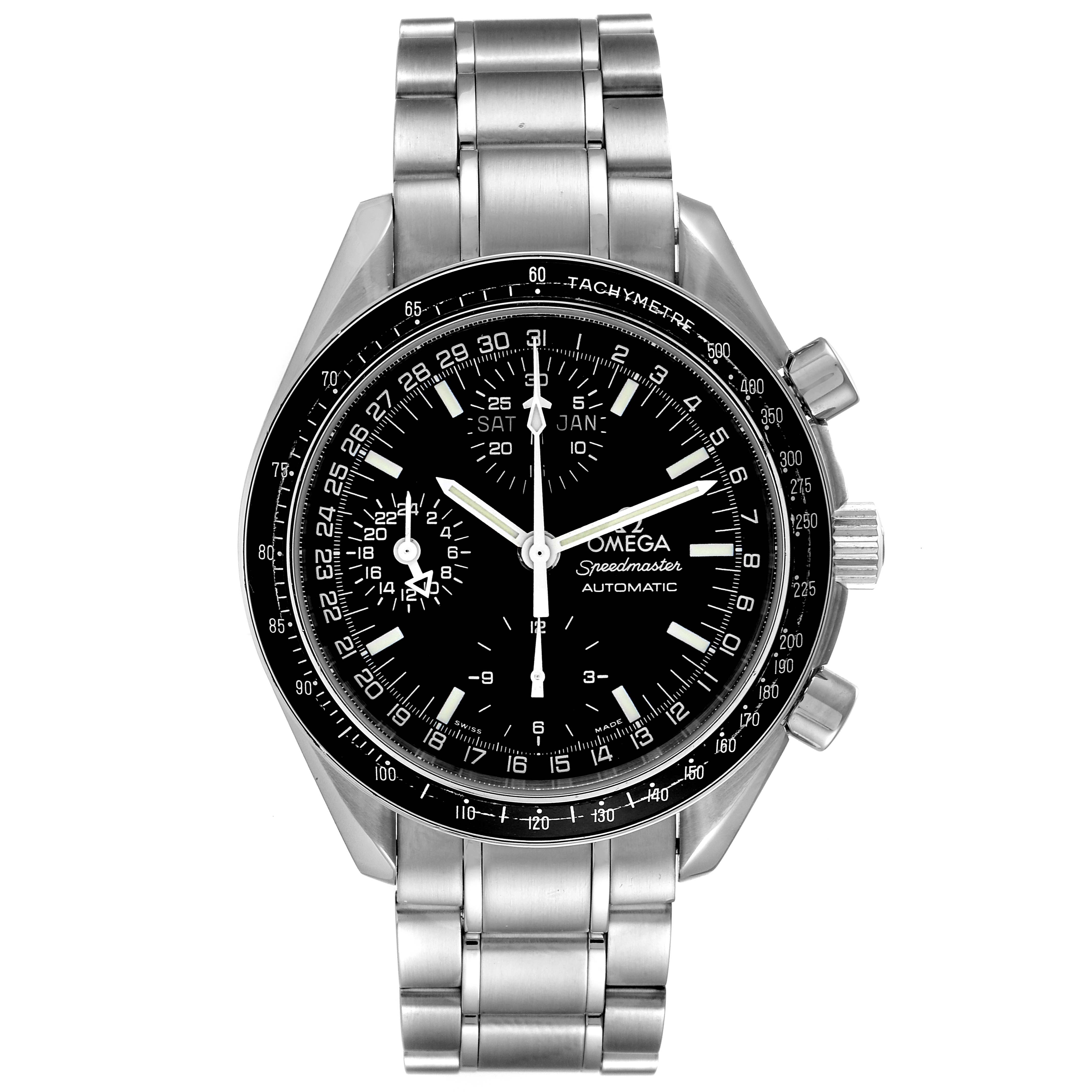 The image shows a front view of the Omega Speedmaster 3520.50.00 Men
s Stainless Steel Black Dial 3520.50.00 Men
s Stainless Steel Black Dial watch, displaying its dial, bezel, and metal bracelet.