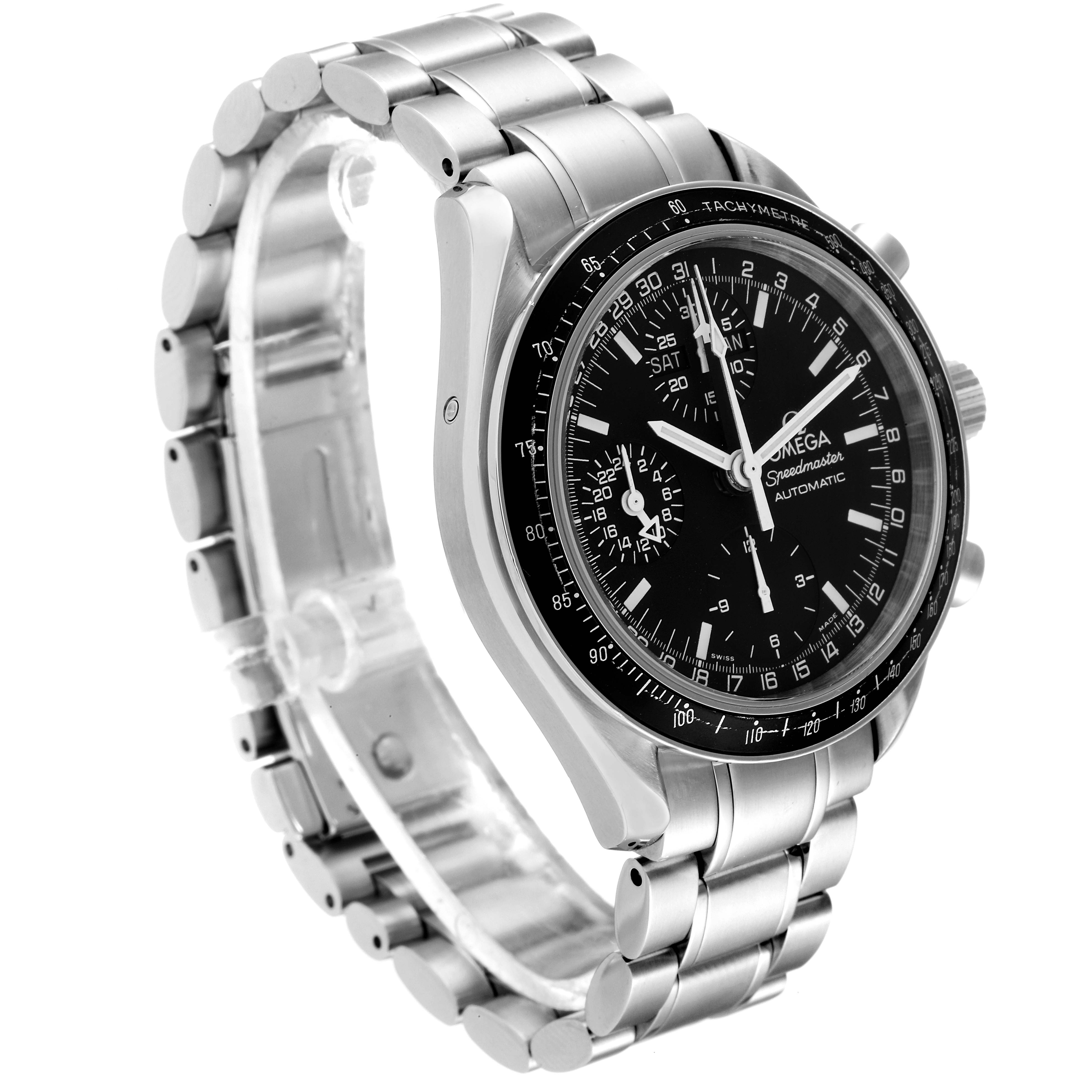 The Omega Speedmaster 3520.50.00 Men
s Stainless Steel Black Dial 3520.50.00 Men
s Stainless Steel Black Dial watch is shown at a three-quarter angle, displaying the face, bezel, crown, and stainless steel bracelet.
