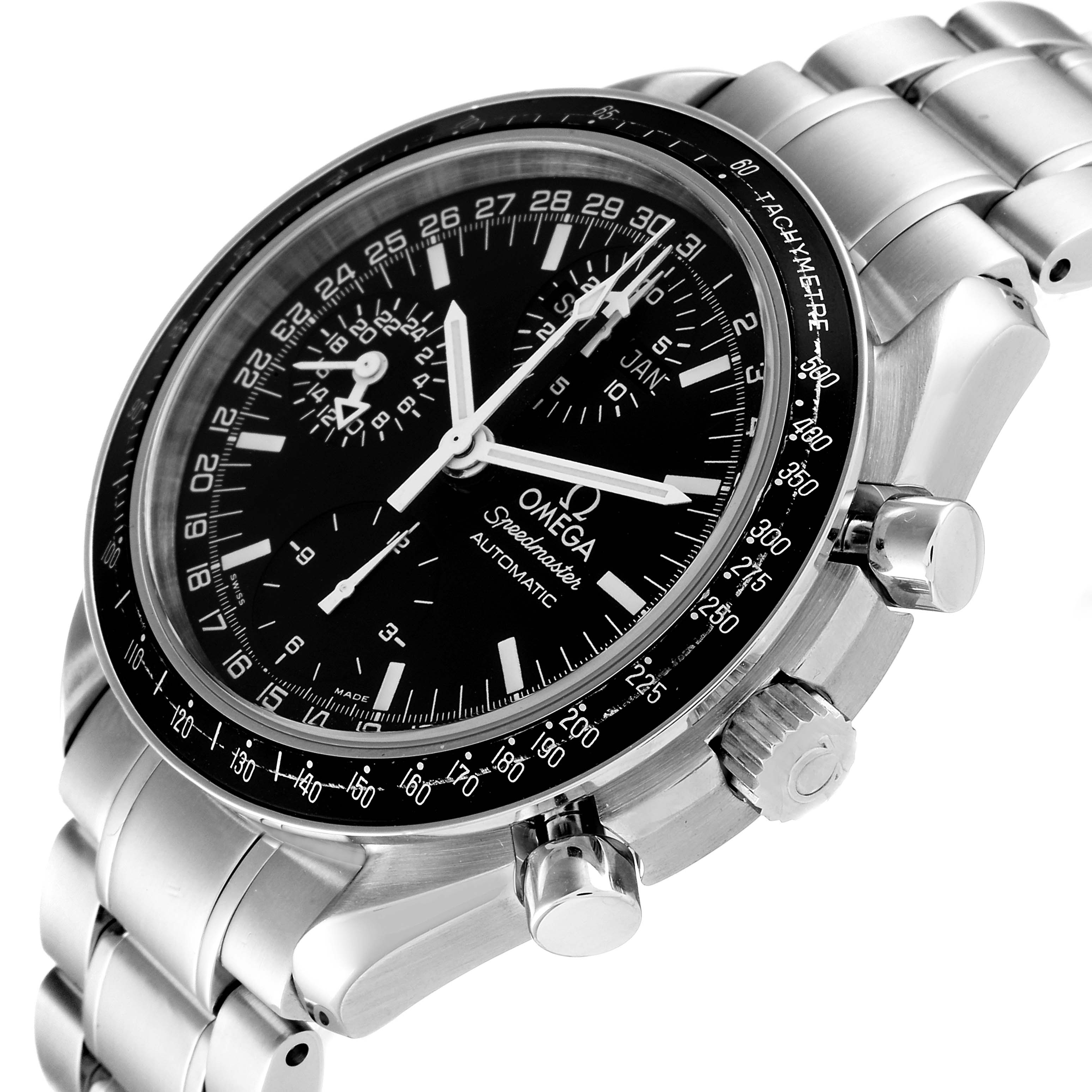 This image shows an angled view of the Omega Speedmaster 3520.50.00 Men
s Stainless Steel Black Dial 3520.50.00 Men
s Stainless Steel Black Dial watch, highlighting the black dial, sub-dials, tachymeter bezel, and stainless steel bracelet.