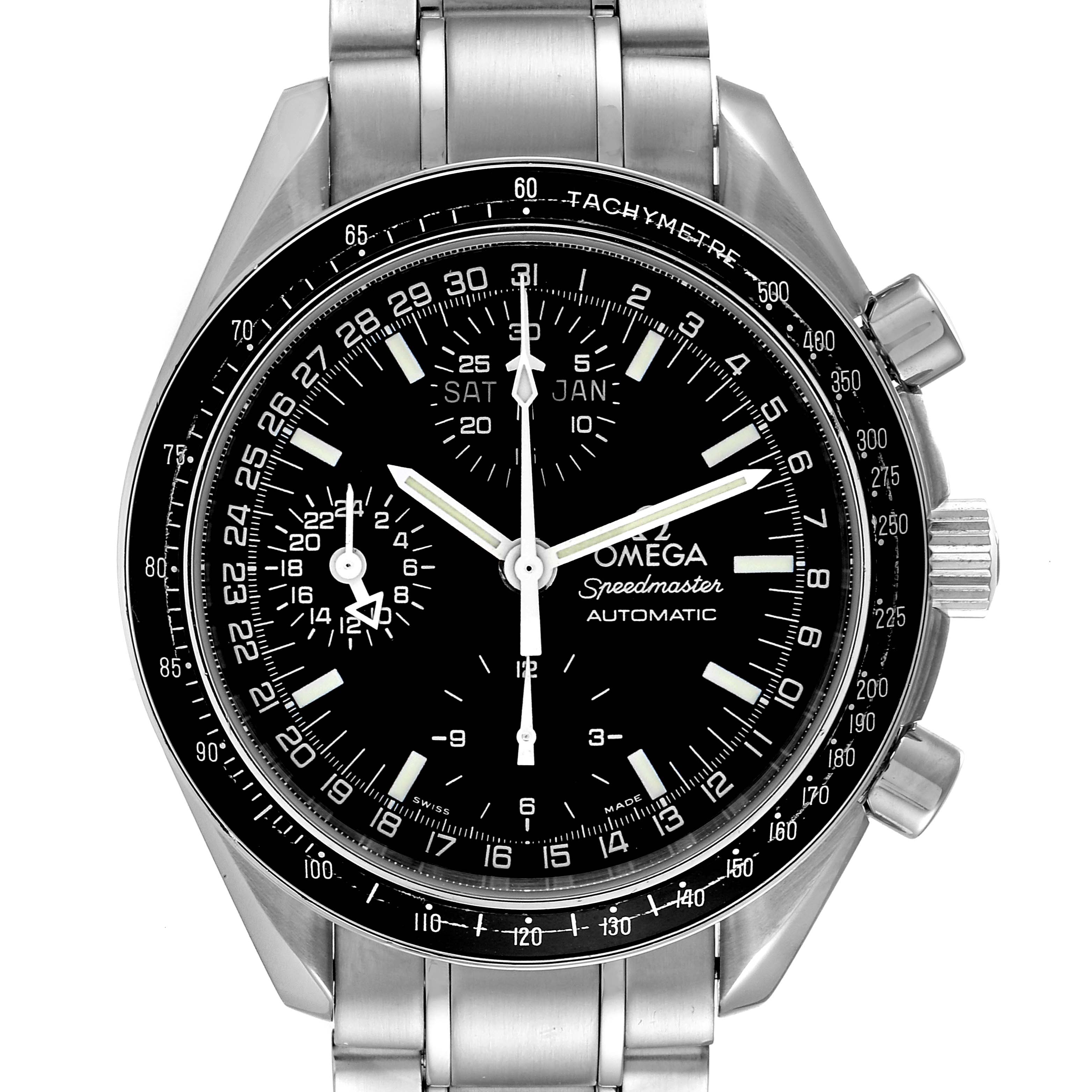 The Omega Speedmaster 3520.50.00 Men
s Stainless Steel Black Dial 3520.50.00 Men
s Stainless Steel Black Dial watch is shown from a top-down angle, highlighting its face, bezel, and bracelet.
