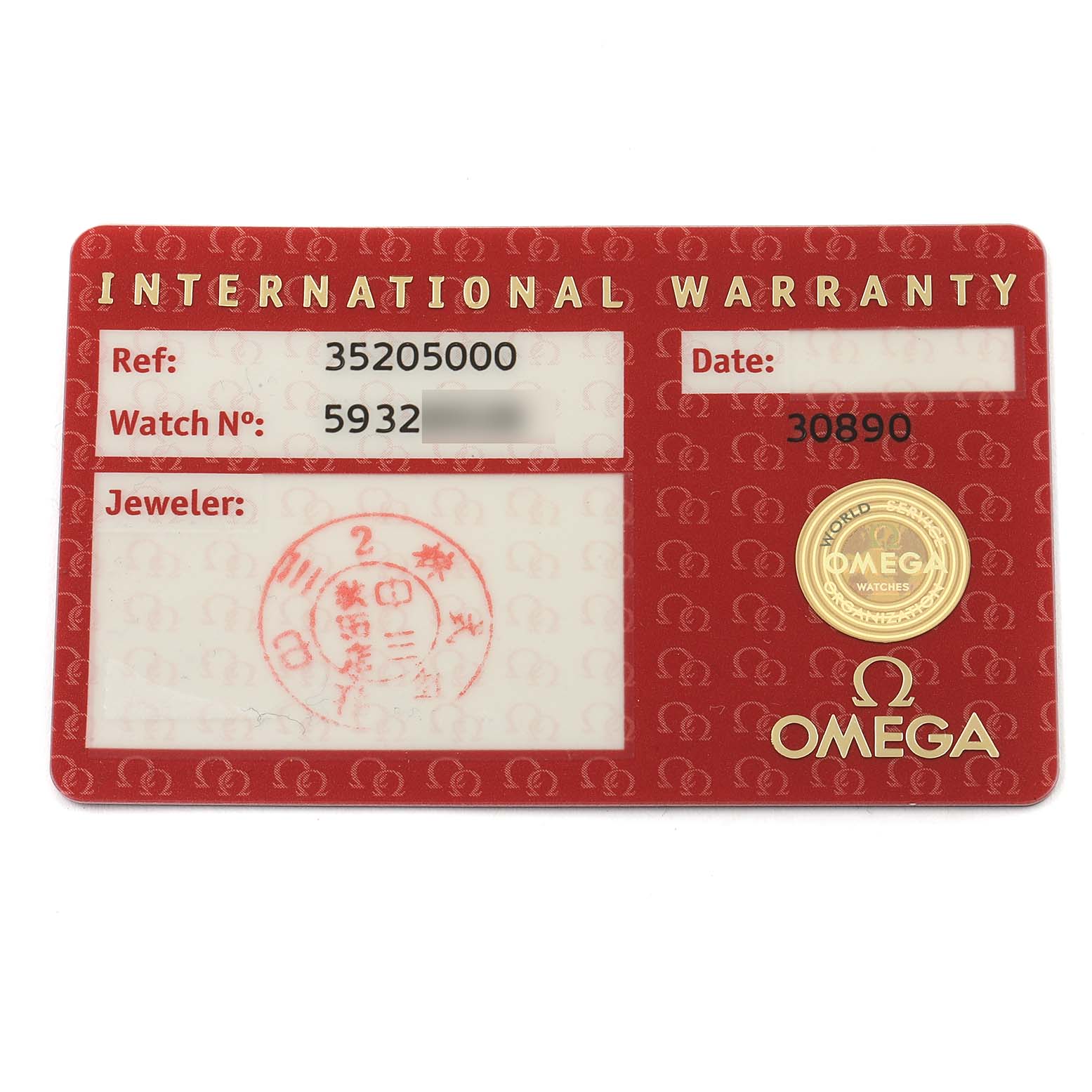This image shows the international warranty card for the Omega Speedmaster 3520.50.00 Men
s Stainless Steel Black Dial 3520.50.00 Men
s Stainless Steel Black Dial watch model.