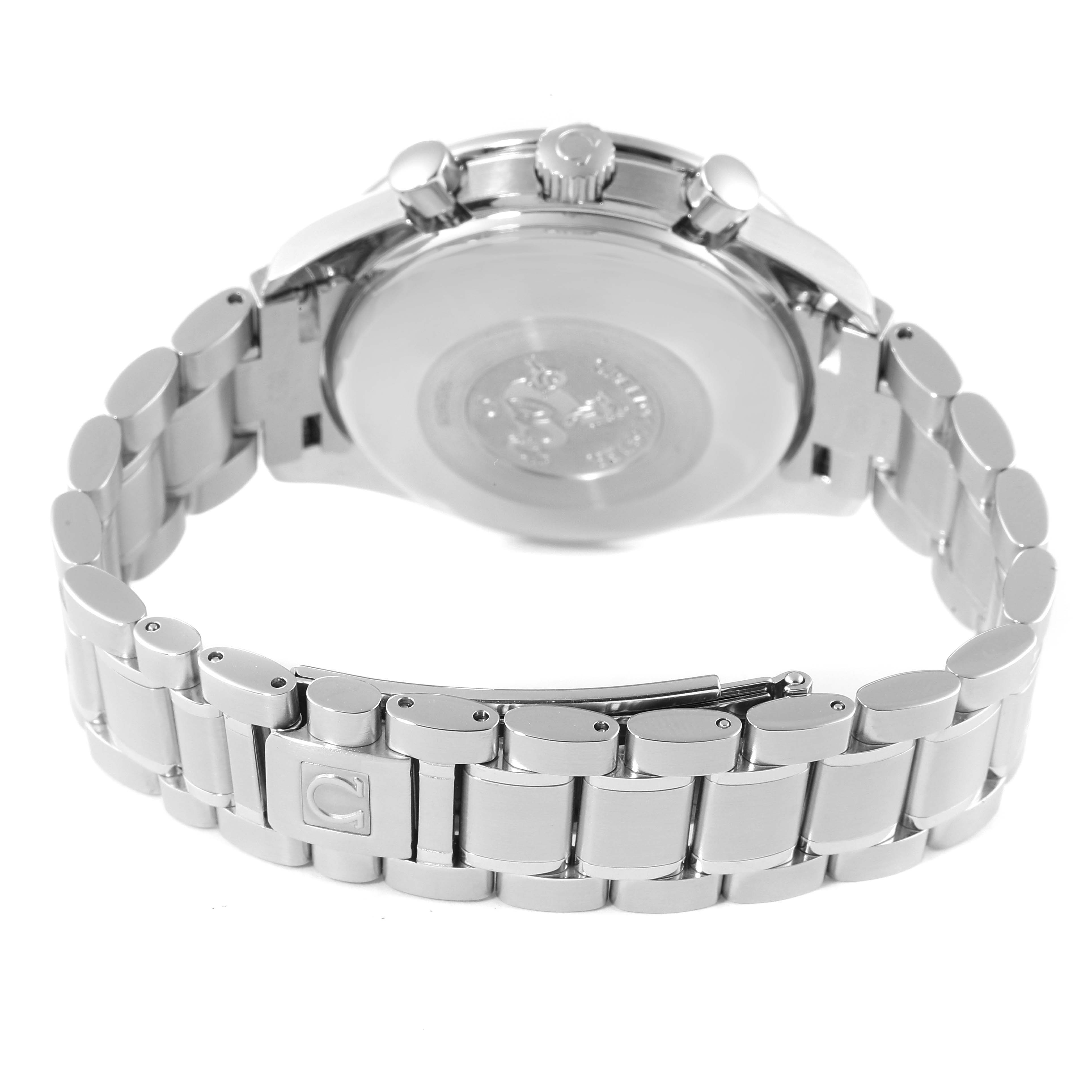 The image shows the rear view of an Omega Speedmaster 3520.50.00 Men
s Stainless Steel Black Dial 3520.50.00 Men
s Stainless Steel Black Dial watch, highlighting its case back and stainless steel bracelet.